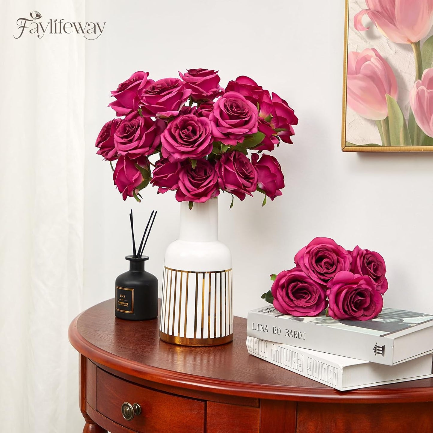 20PCS Artificial Roses Flowers, 3.9'' Silk Flower Head Fake Fuchsia Rose with Long Stems, Realistic Faux Roses Bouquet for DIY Wedding Home Party Office Decoration