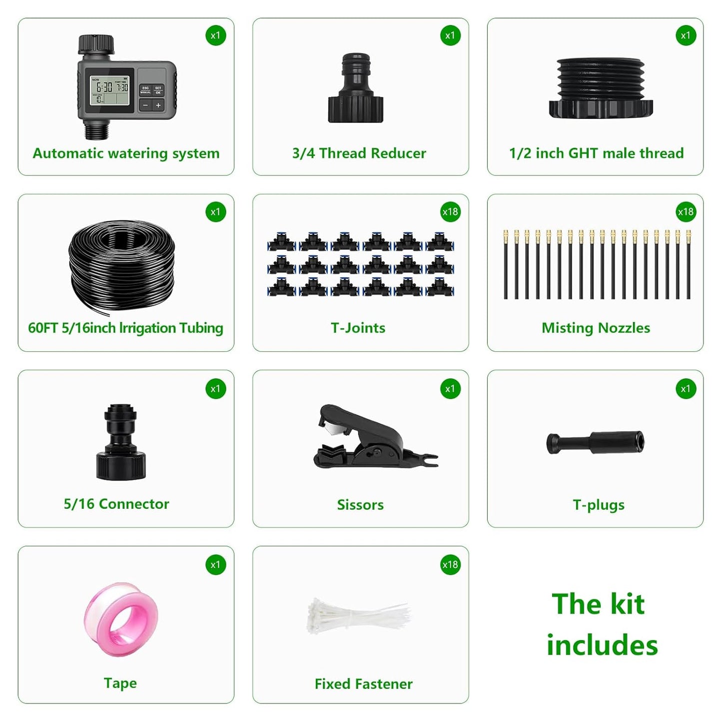 60FT Drip Irrigation System with Water Timer – Automatic Garden Watering Kit with 360° Bendable Hose & Adjustable Nozzles, Smart Irrigation System for Greenhouse, Lawn, Yard & Plants