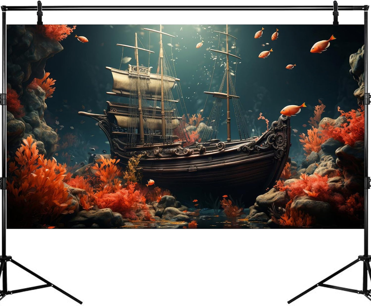Pirate Shipwreck Aquarium Background Under The Sea Coral Reefs Fish Tank Background Underwater Sunken Ship Landscape Terrarium Background Tropical Sea Marine Life Aquarium Tank Background 60x24in