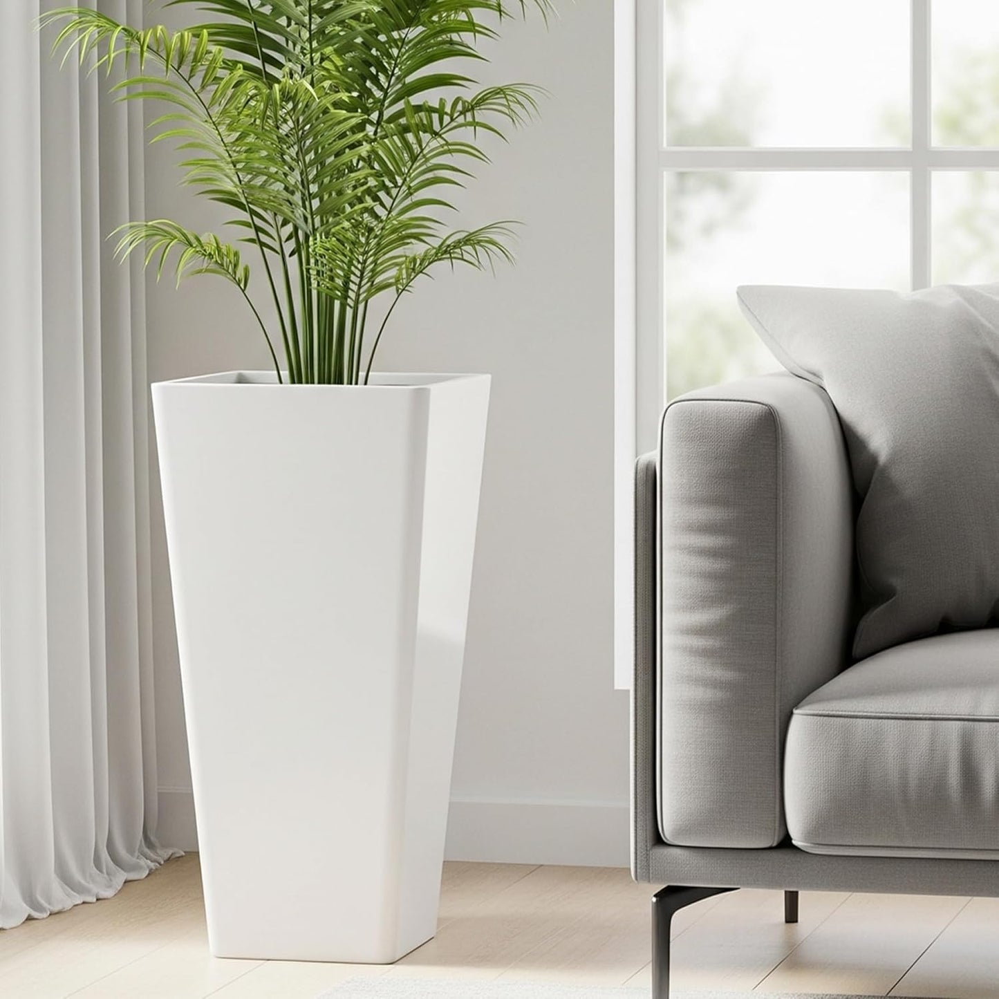 WORTH Garden Large 28 in.Tall Planters Set of 2 for Indoor and Outdoor, Heavy Duty Plastic White Modern Taper Flower Plant Pots with Drainage Hole and Dual-Purpose Tray for Front Porch, Patio