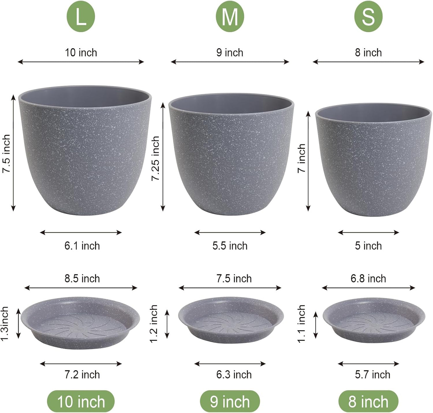 10/9/8 inch Plant Pots, Set of 3 Modern Decorative Plastic Planters with Drainage Holes and Saucers for Garden House Plants, Flower Pots for Indoor Outdoor Plants, Speckled Grey