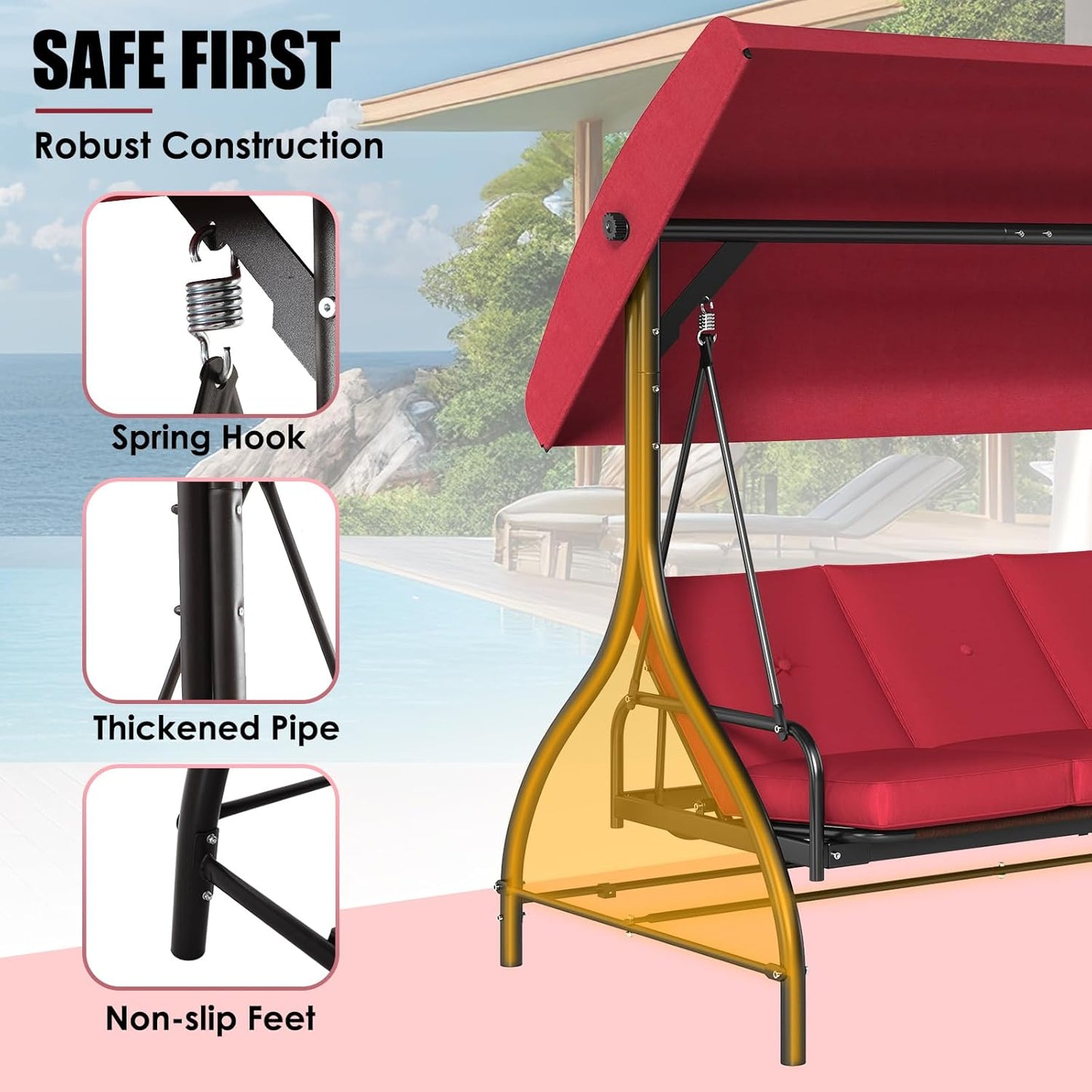 MAMIZO 3-Seat Outdoor Patio Swing, Porch Swings, Backrest Bench Sets, Glider Swing Bed Chair W/Adjustable Canopy, Thickened Removable Cushions, for Outside Backyard, Garden, 750LBS(Burgundy)