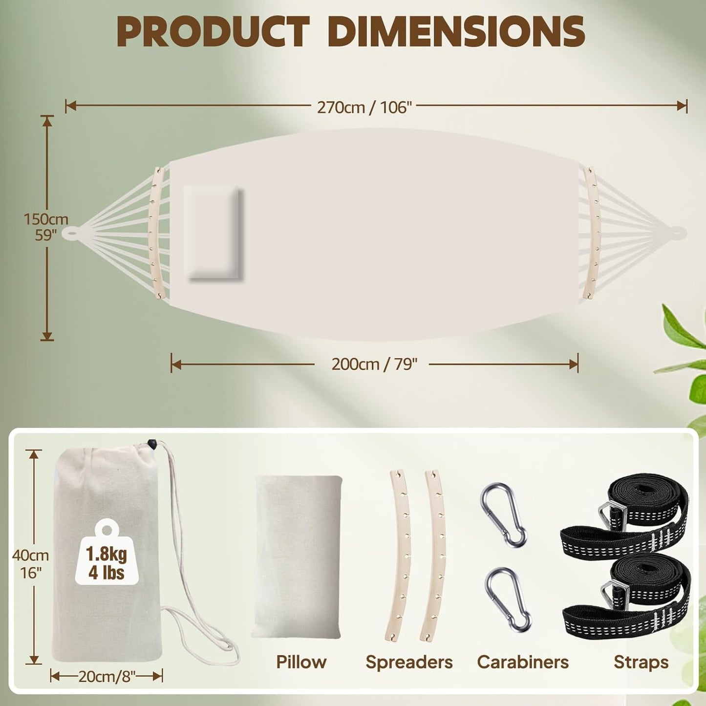 Chihee Cotton Hammock Large Soft Breathable Camping Hammock Holds Up to 660lbs Portable Tree Hammocks with Detachable Spreader Bar Pillow 2 Strong Webbings 2 Carabiners Patio Garden Indoor Outdoor