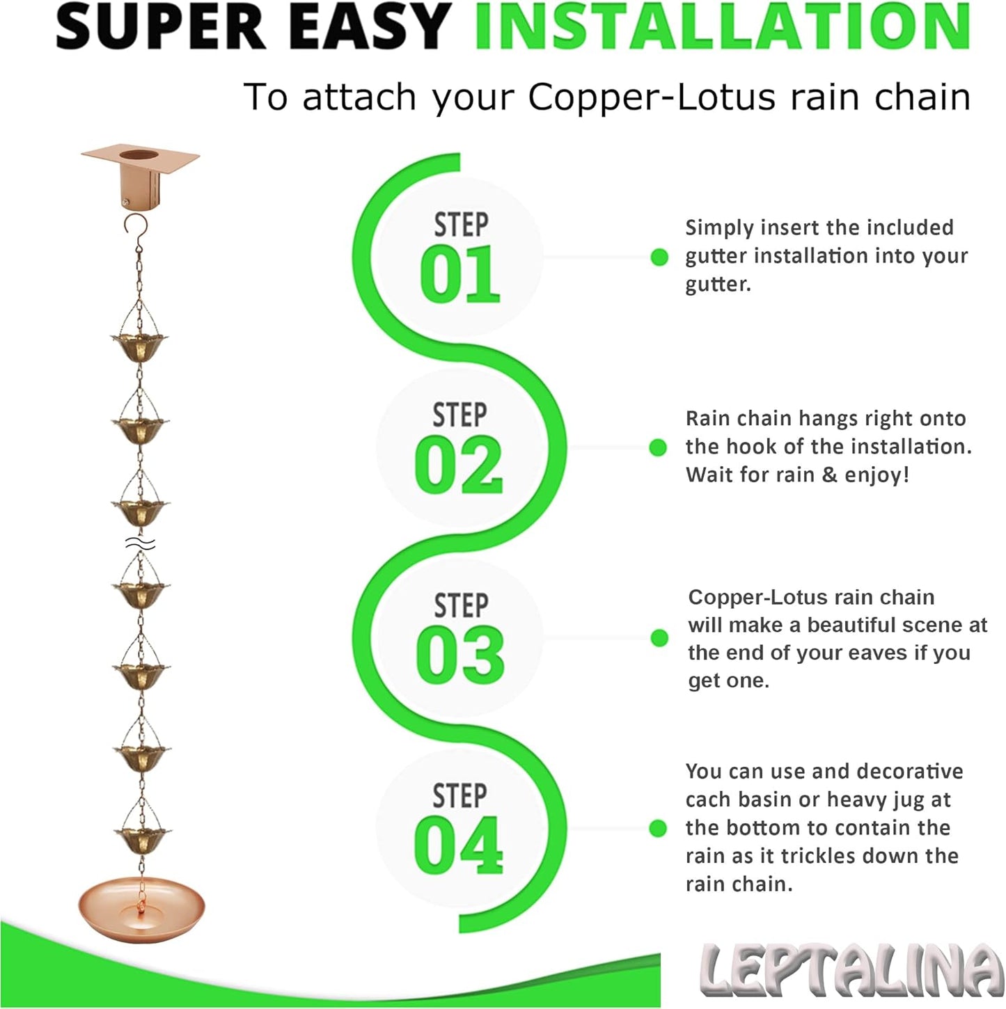 8.5FT Lotus Copper Colored Iron Rain Chains for Gutter and Rain Barrel, Rust-Resistant Plated Garden Décor Rain Chain for Downspout, Bonus Rain Chain Gutter Adapter