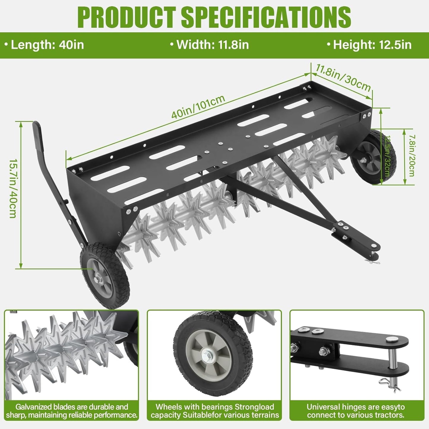 40" Tow Behind Spike Aerator with Galvanized Steel Tines and Extra-Wide Tow Bar, Tow Behind Plug Aerator with Transport Wheels, for Gardens, Lawns, Farms