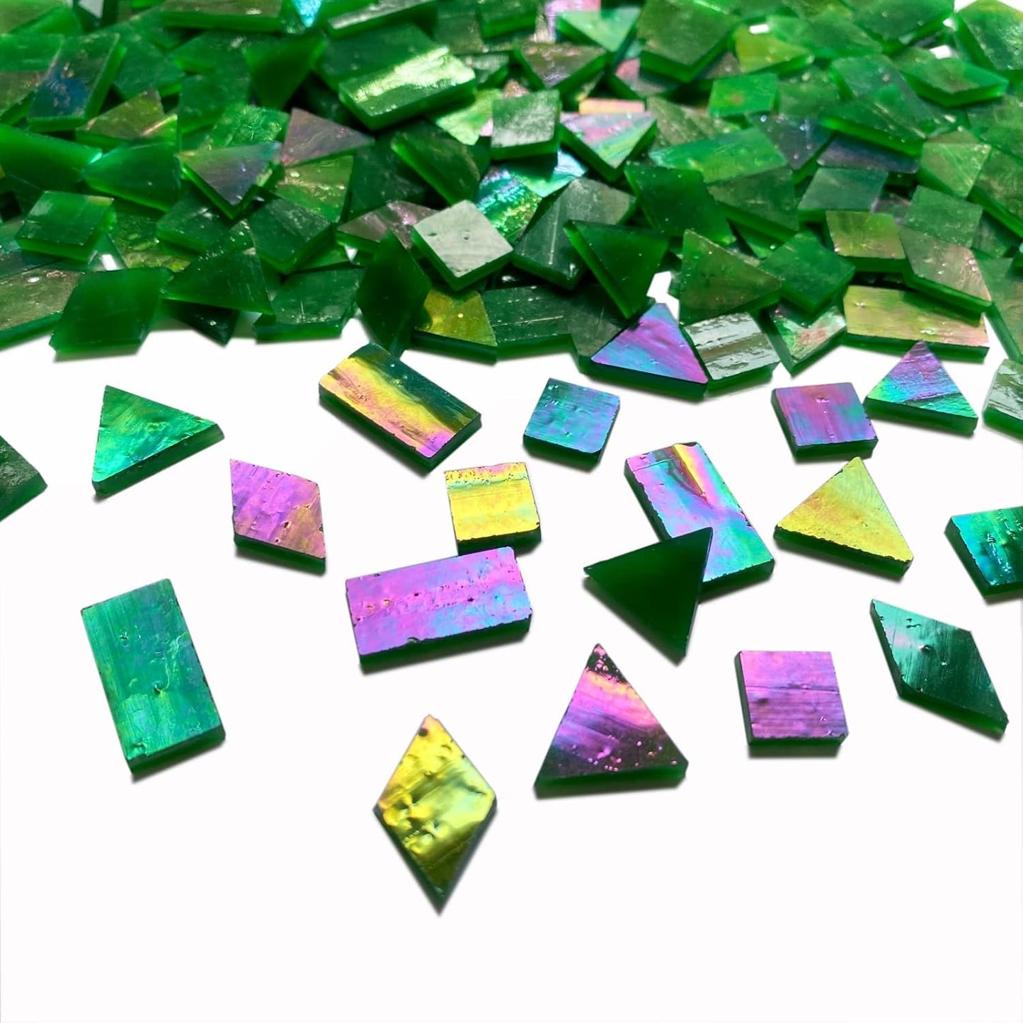 Iridescent Green Mosaic Tiles for Crafts, 280 Pieces Mixed 4 Shapes Stained Glass Sheets, Stained Glass Supplies for Mosaic Projects