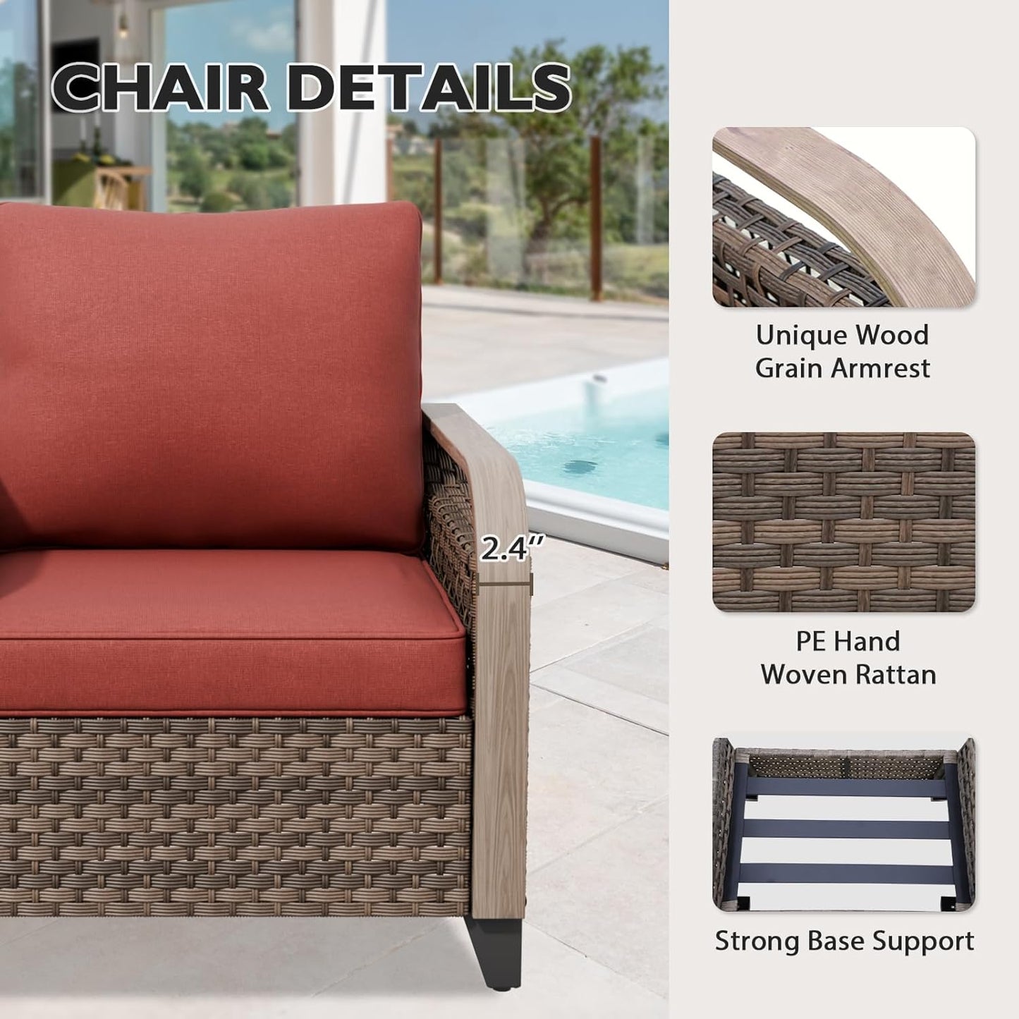 EAGLE PEAK Modern Wicker Outdoor Chair, Patio Chair Curved Armrest, Rattan Patio Furniture for Yard Deck Porch Garden, 2 Chairs 2 Ottomans, 4 Pieces, Brown/Red