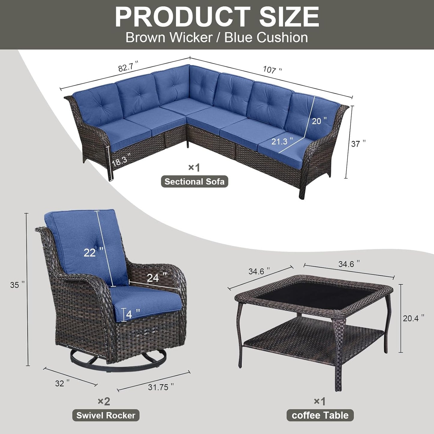 Outdoor Furniture Sectional Sofa L Shaped Couch - Patio Wicker Set with 2 Swivel Glider Chairs, 5 Piece Rattan Patio Conversation Sets with Blue Cushion for Deck Backyard Sunroom