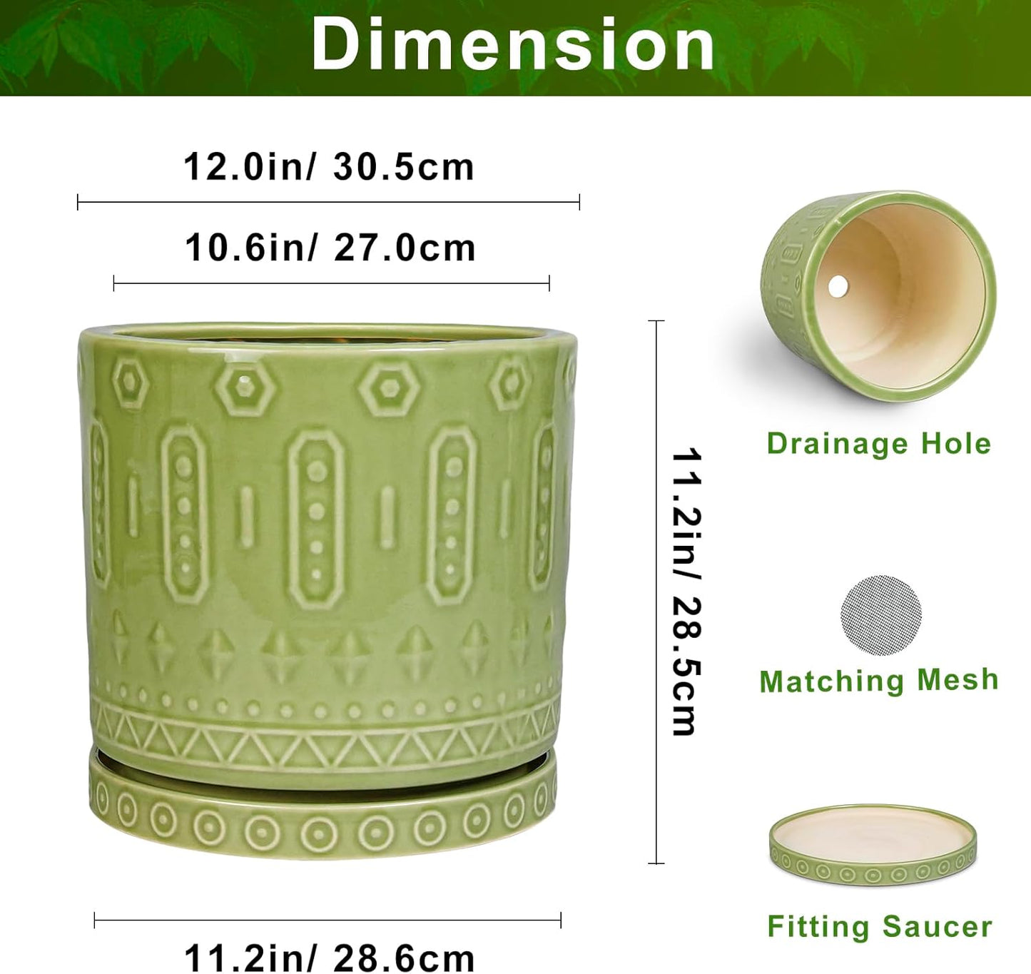 Ceramic Planter - 12 Inch Pots for Plants Indoor Outdoor, Round Large Flower Pots with Drainage Hole and Saucer, Decorative Boho Planter, Home Office Decor, Plant Lover Gifts, Green