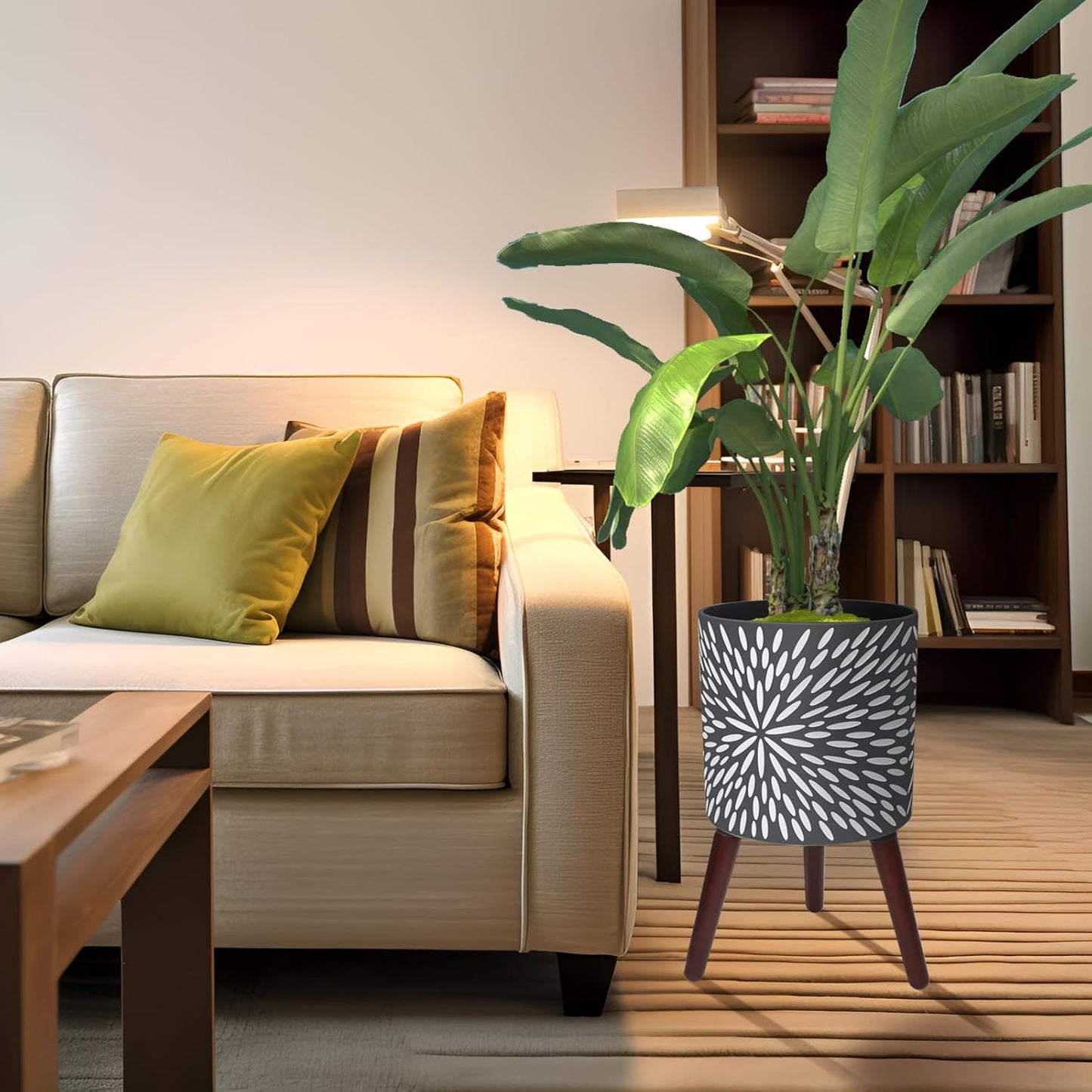 12 Inches Plant Pot with Stand, Large Modern Standing Planters for Indoor Plants with Drainage Holes, Gray Flower Pots with Legs