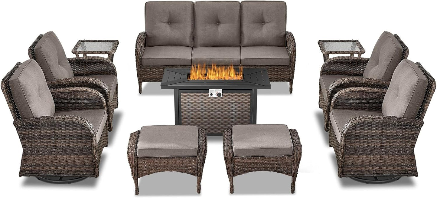 Expansive 10 Pieces Outdoor Patio Furniture Set with 43” Propane Fire Pit Table, Patio Conversation Set with Swivel Rocker Outdoor Chairs Set of 4 and Sofa, Ottoman and Wicker Side Table Brown