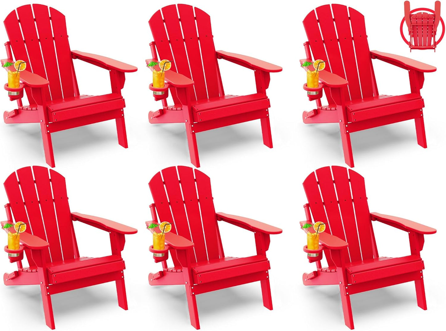 GREENVINES Folding-Adirondack-Chairs-Set-of-6 | HDPE Plastic | Fire Pit Chair | All Weather | Cup Holder | Red | for Deck Backyard Patio Outdoor Garden