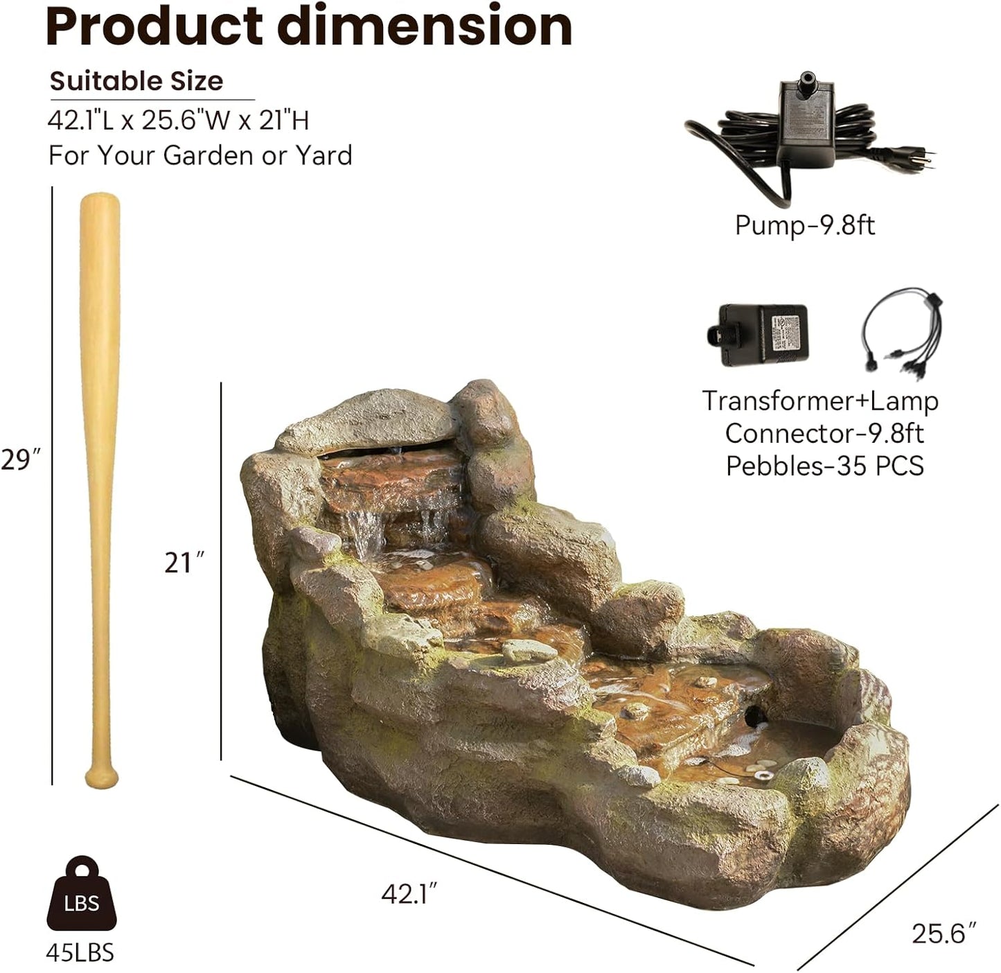 42 in Natural-Style Tier Garden Rock Water Fountain Outdoor, Floor-Standing Fountains That Feature Gentle Waterfall and LED Lights for Patio, Backyard, Deck, Porch, Home Décor