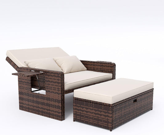 Amopatio Wicker Outdoor Daybed - Outdoor Loveseat with Storage Ottoman,4-Level Adjustable Backrest & Cushions, Patio Loveseat for Yard, Balcony, Porch, Garden, Poolside（Beige）