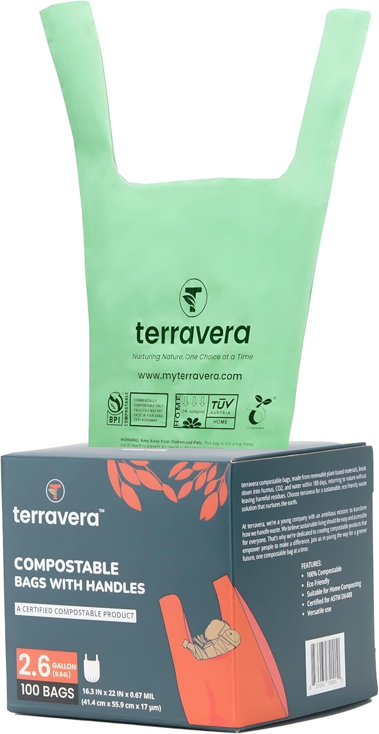 2.6 Gallon Compostable Food Scrap Bags - Handle Tie (100 Count) | BPI & OK Home Certified | Counter Top Bin, Kitchen Trash, Home & Yard Waste Bags