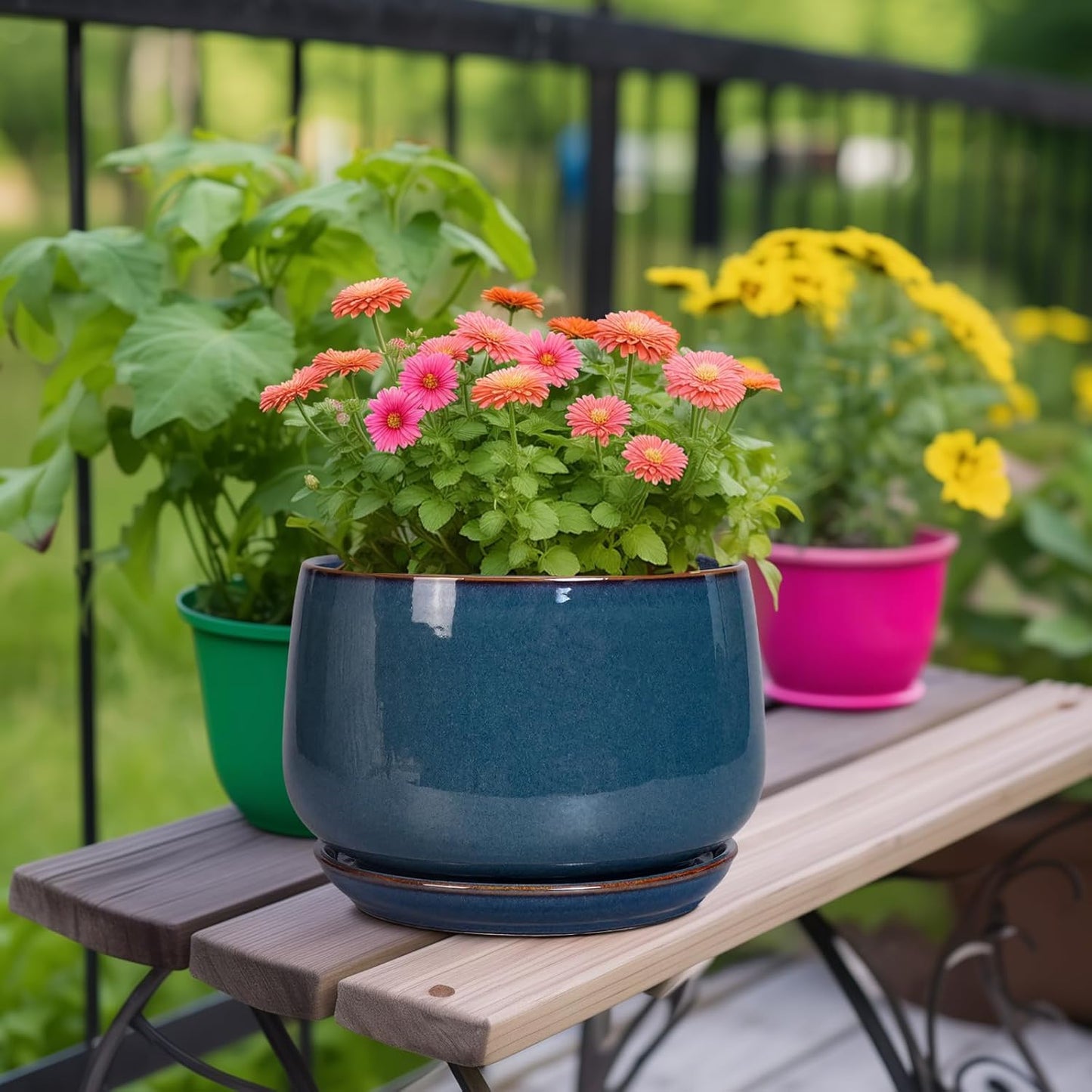 G EPGardening Ceramic Plant Pots - 9 Inch Round Modern Planter Indoor with Drainage and Tray for Indoor Outdoor Flower, Office Decor, Gardening Gifts, Retro Blue