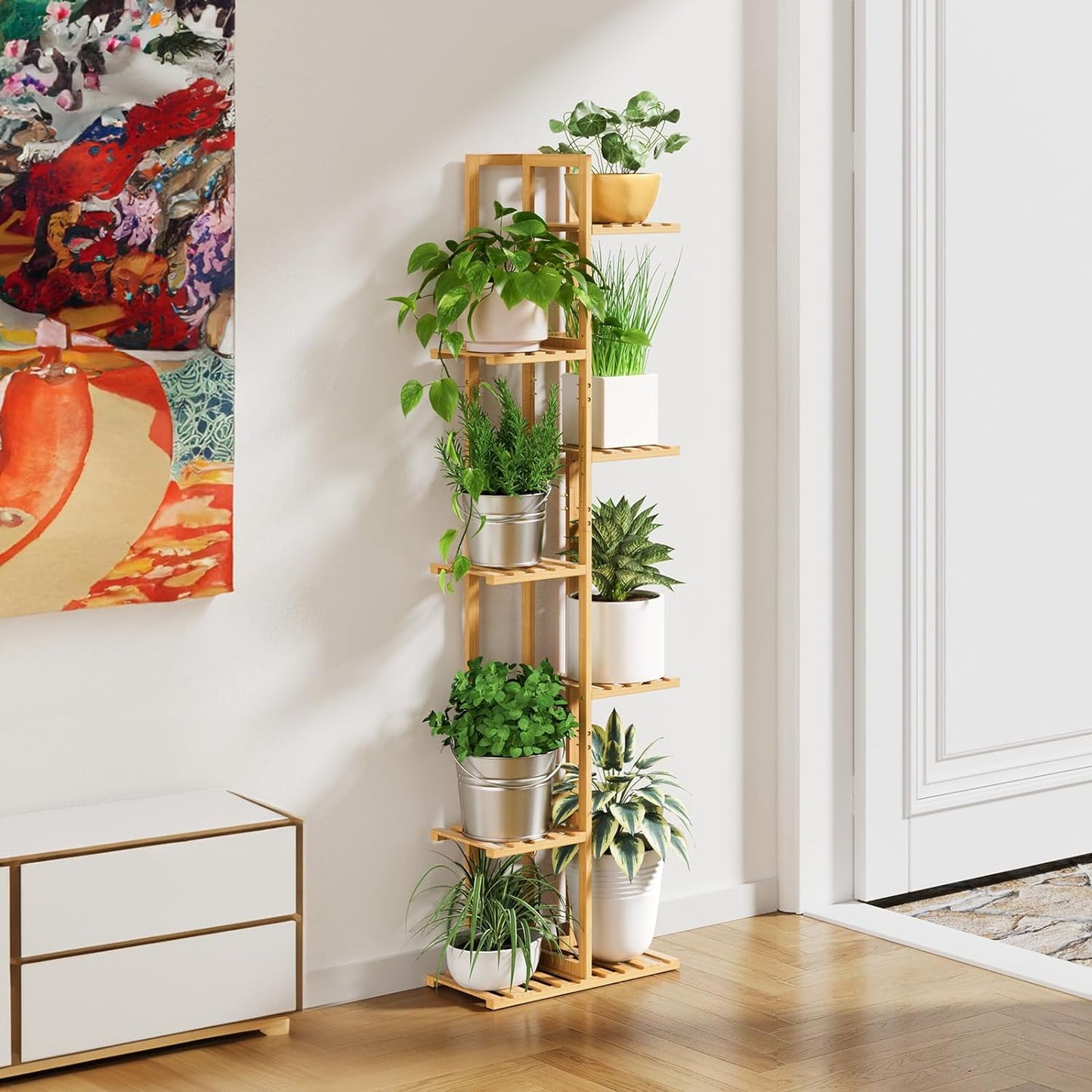 ROSSNY 55 Inch Tall Plant Stand Indoor, 7 Tier 8 Potted Bamboo Plant Stands for Indoor Plants, Corner Plant Stand, Plant Shelf For Indoor, Tiered Plant Stands, Planter Holder for Multiple Plants Indoor, Natural