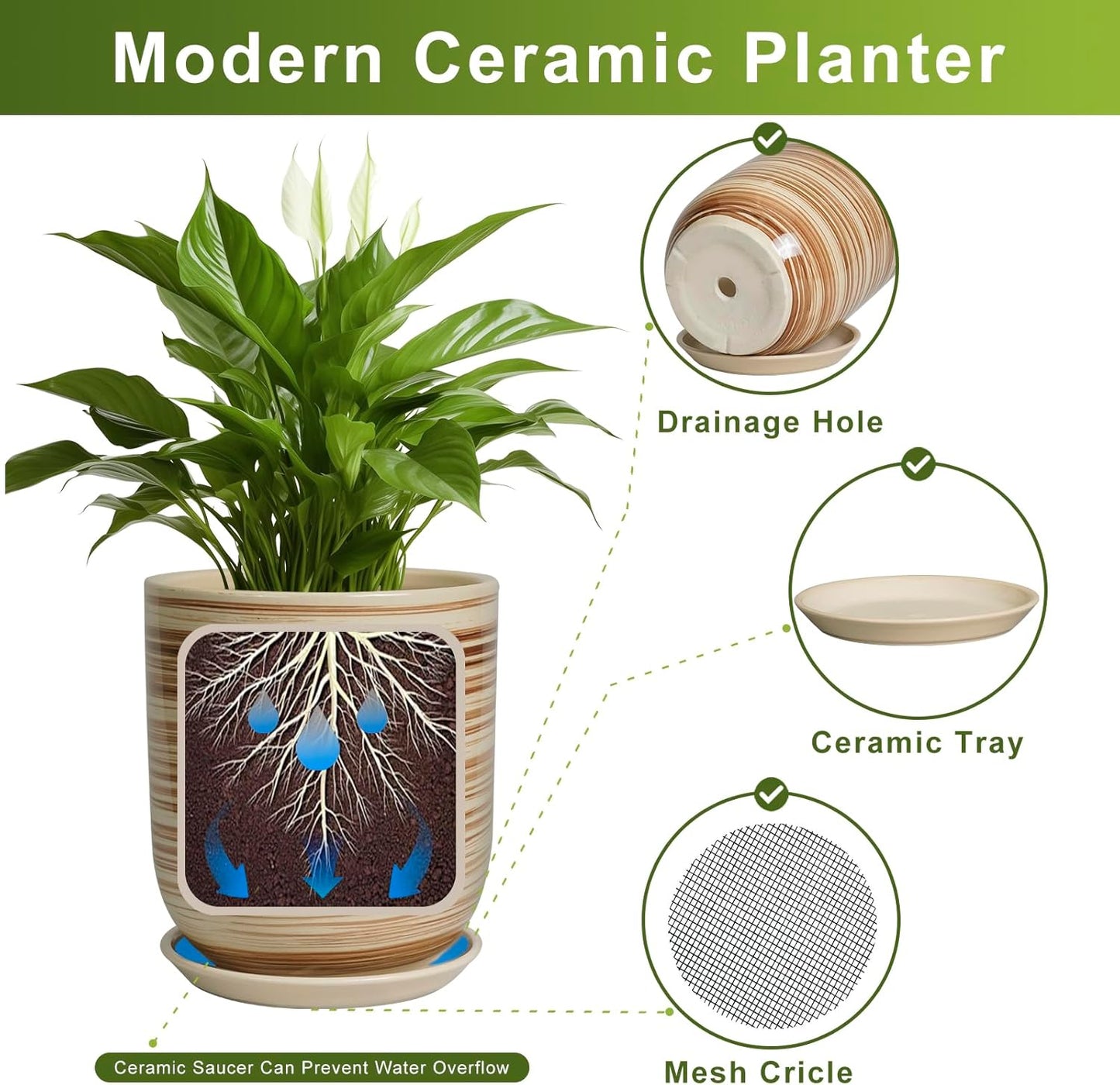 Ceramic Planter 10 Inch - Ceramic Pots for Indoor Plants Outdoor Large Plant Pot with Drainage Hole and Saucer Cylinder Flower Pot Yellow