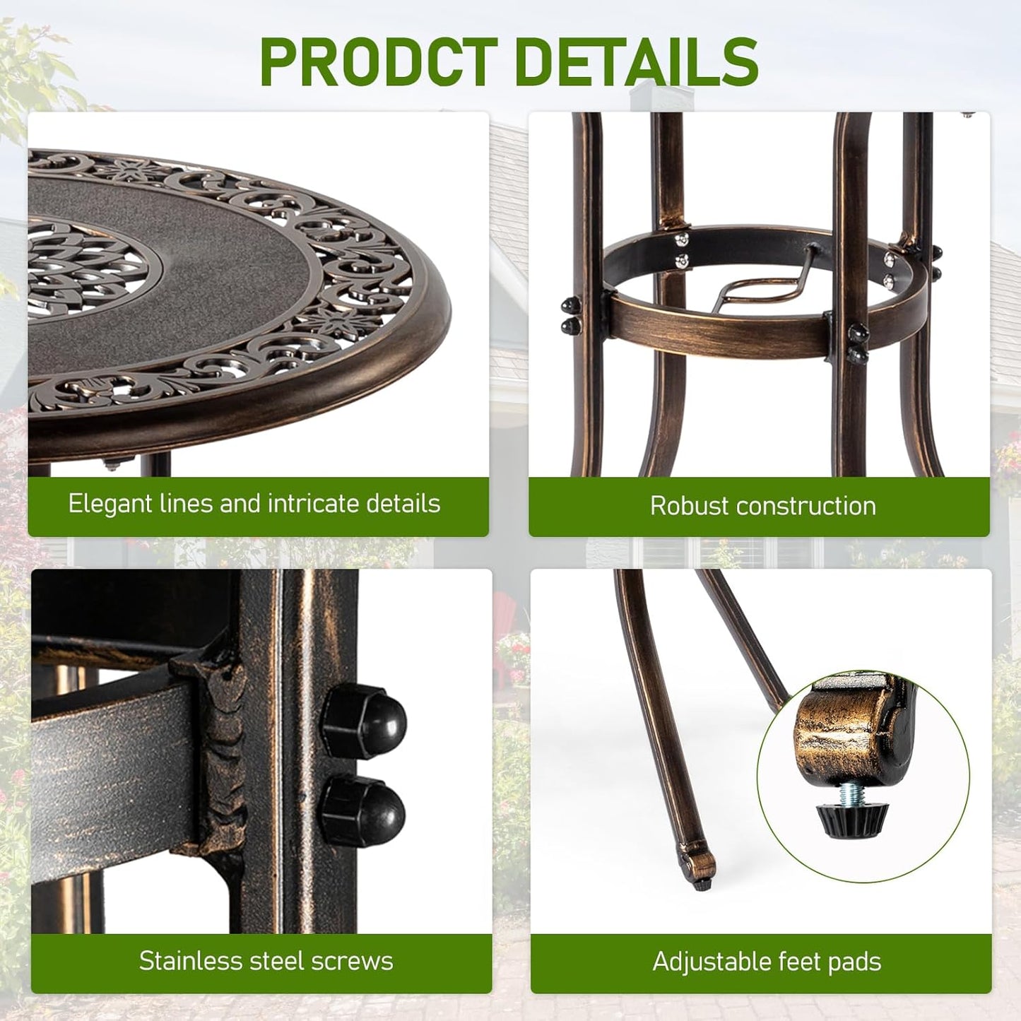 Outvita Outdoor Dining Table, Cast Aluminum Round Patio Bistro Table with Umbrella Hole Weather Resistant Aluminum for Balcony Poolside Garden Lawn