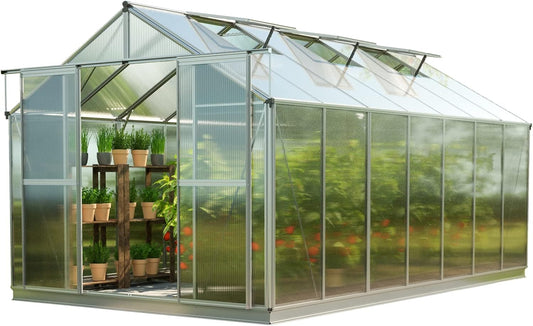 Greenhouse Topas 7 Aluminum Frame 7.4 x 14.7 ft Approx. 6 mm Polycarbonate Panels - with Bonus Base Frame and Automatic Vent Opener