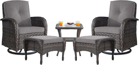 Small Conversation Sets Patio Funiture - 5 Piece Outdoor Swivel Rocker Wicker Furniture Sets with Ottomans Side Table Perfect for Patio Deck Backyard, Brown Wicker Grey Cushion
