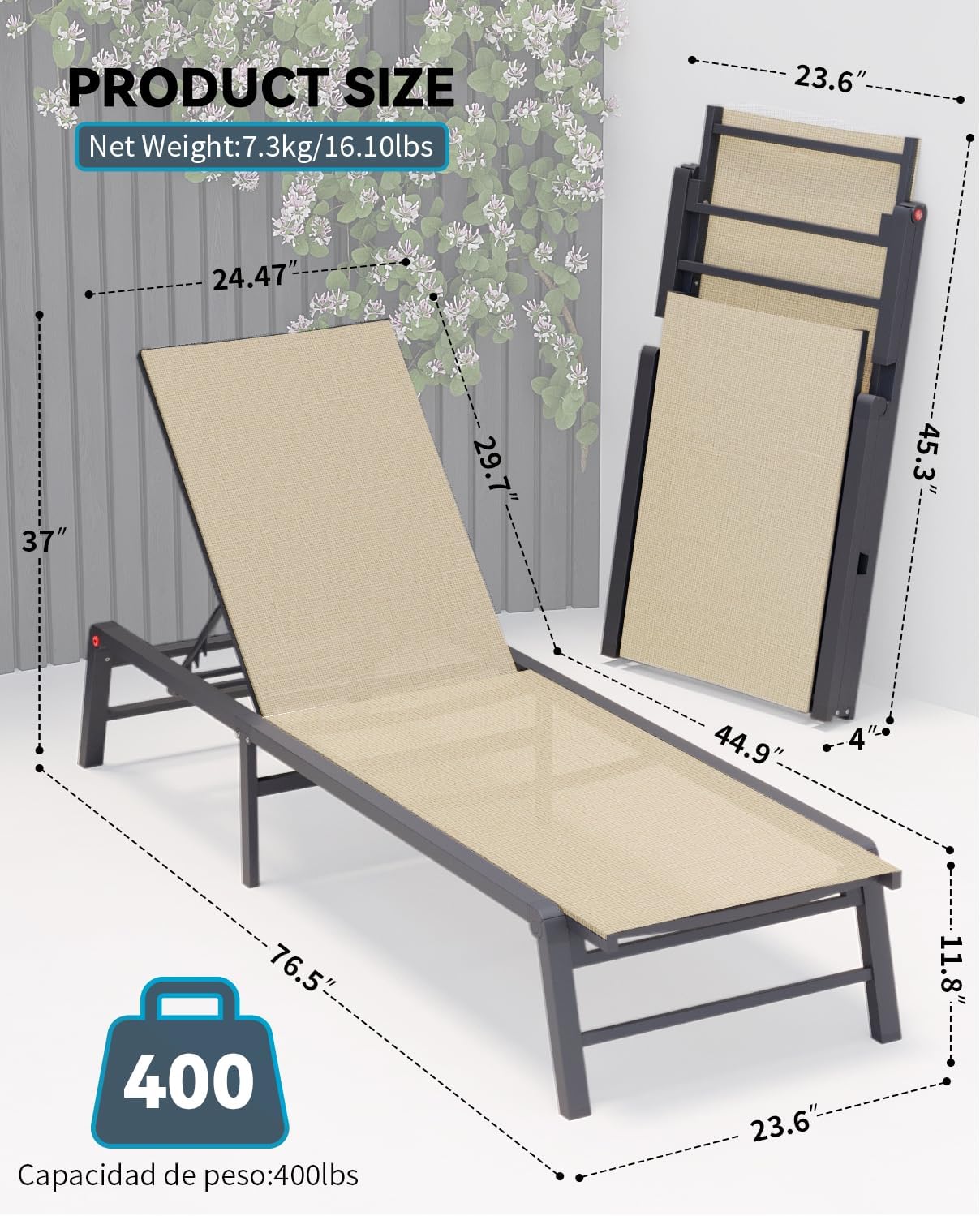 Aluminum Chaise Lounge Chair Outdoor, Foldable Patio Lounge Chair 2 Sets Assemble-Free, Pool Lounge Chairs with 5 Adjustable Backrest, Outdoor Lounge Chairs for Outside Poolside Beach Lawn Flaxen