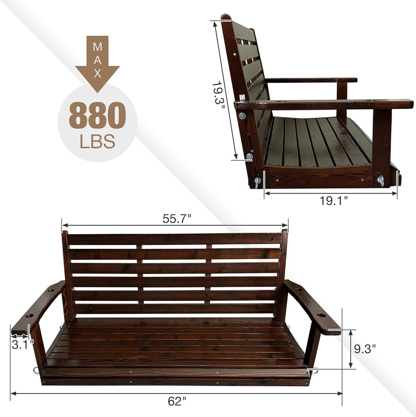 Wooden Porch Swing, Ergonomic Seat, Bench Swing with Hanging Chains and 7mm Springs, Heavy Duty 880 LBS, for Outdoor Patio Garden Yard (Dark Brown, 2-Seater Extra Large)