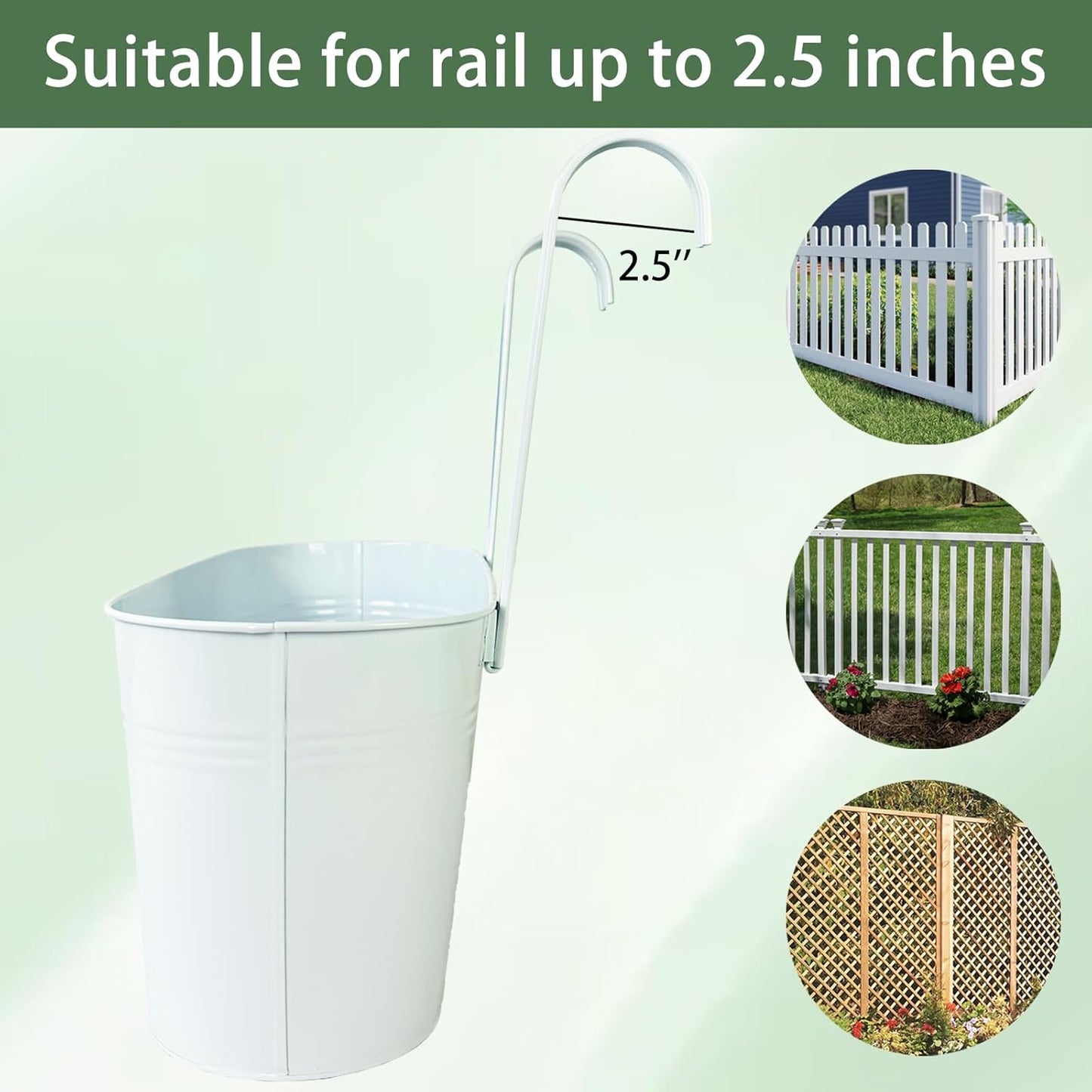 Hanging Planters for Outdoor Plants, 17" Railing Planter Pots, Metal Fence Flower Pot for Porch Balcony with Detachable Hook (White, Pack of 2)