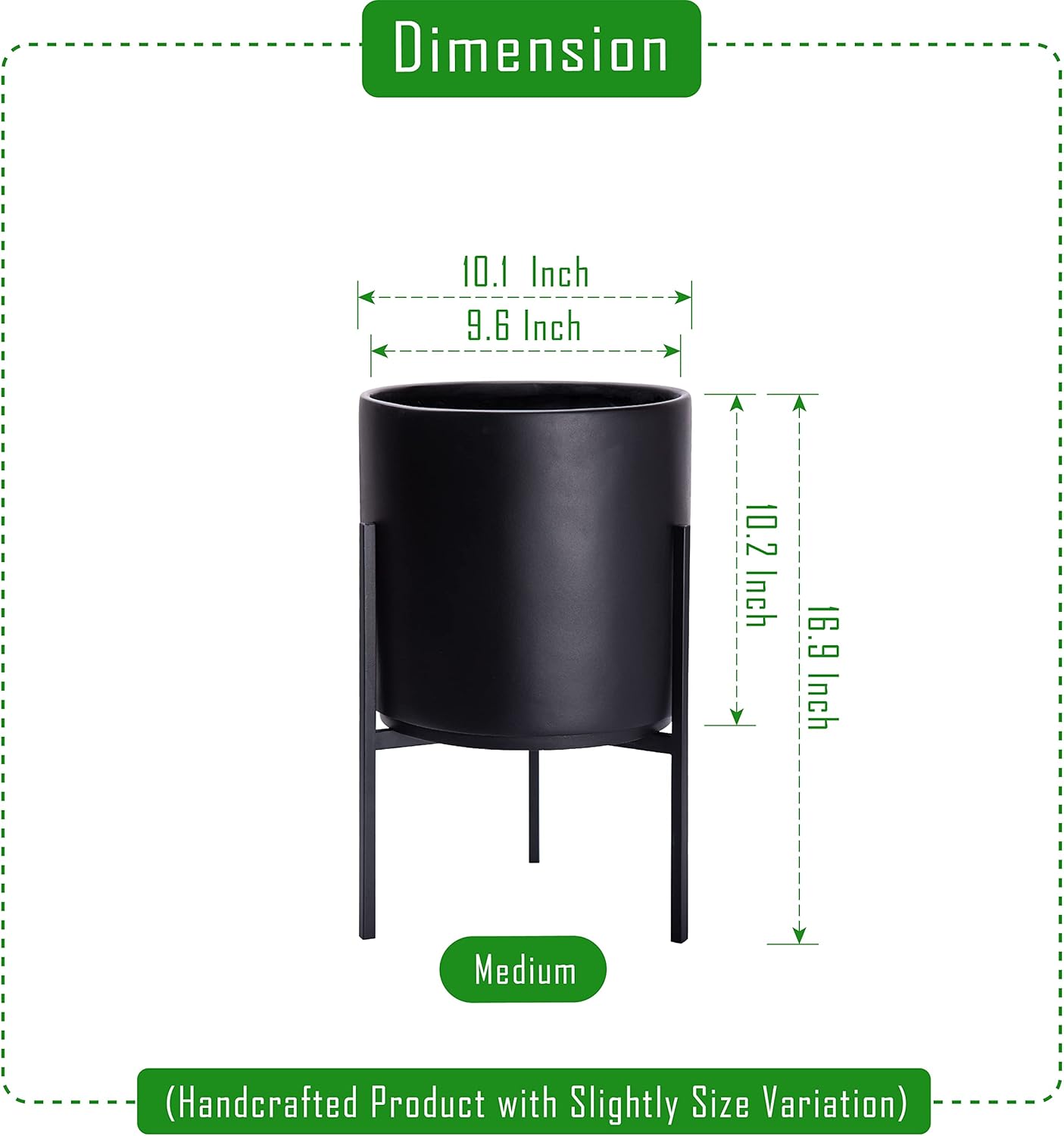 D'vine Dev Modern Black Plants Pot Cylinder Planter with Heavy Duty Stand, Medium 10 Inch Pot, 16.3 Inch with Stand Height, 96-T-B-2