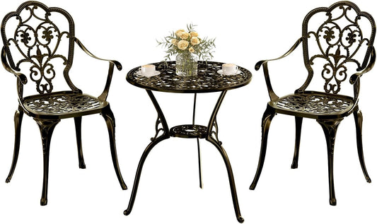 Patio Bistro Set of 2, Cast Aluminum, Outdoor Set w/Umbrella Hole, 3 Piece Table and Chairs Set, Bistro Set for Backyard/Garden/Lawn, Golden Bronze