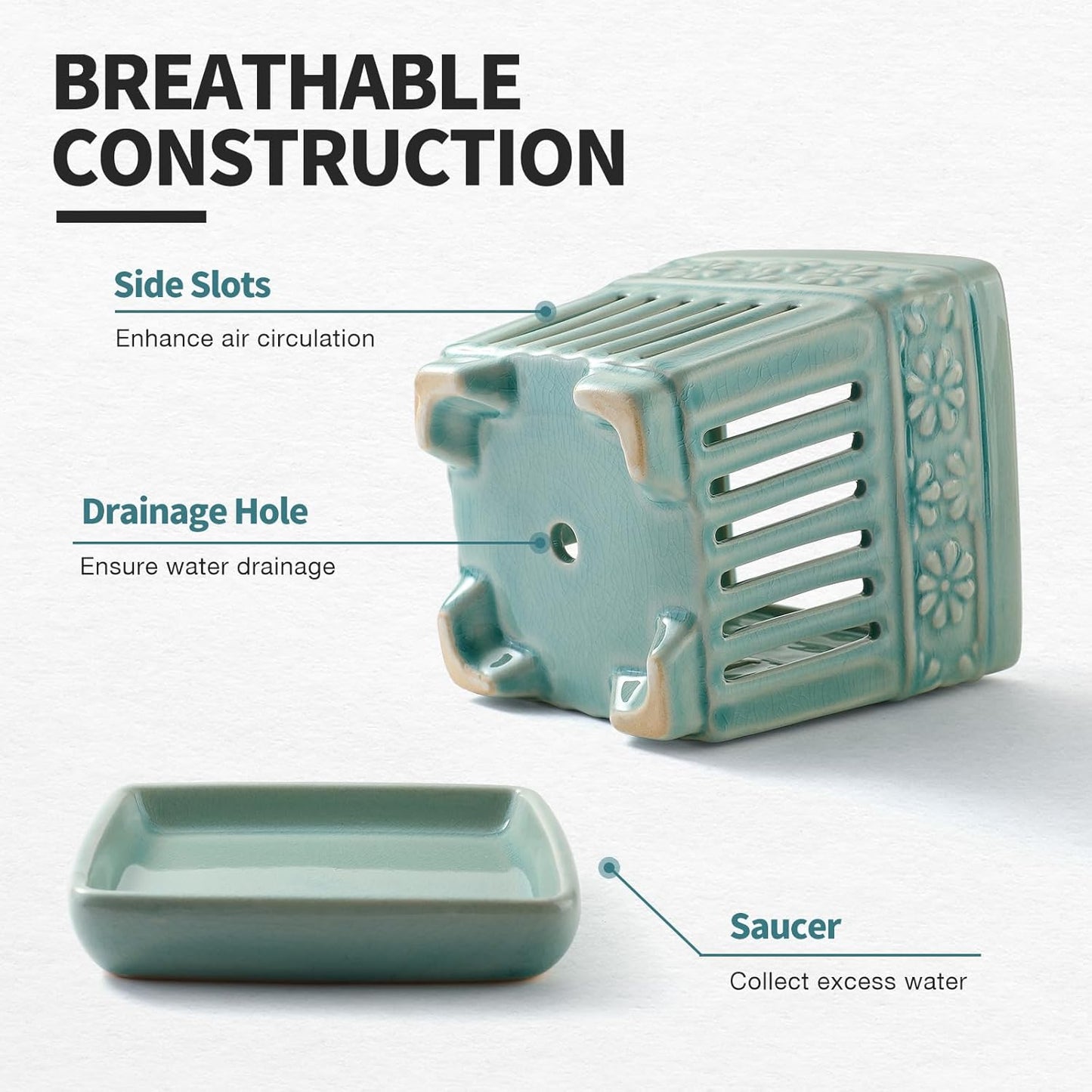 Orchid Pots with Holes | 5" Ceramic Orchid Planter with Separate Saucer and Drainage Holes | Crackle Glazed Pottery Small Flower Pot for Repotting Orchids（Blue）