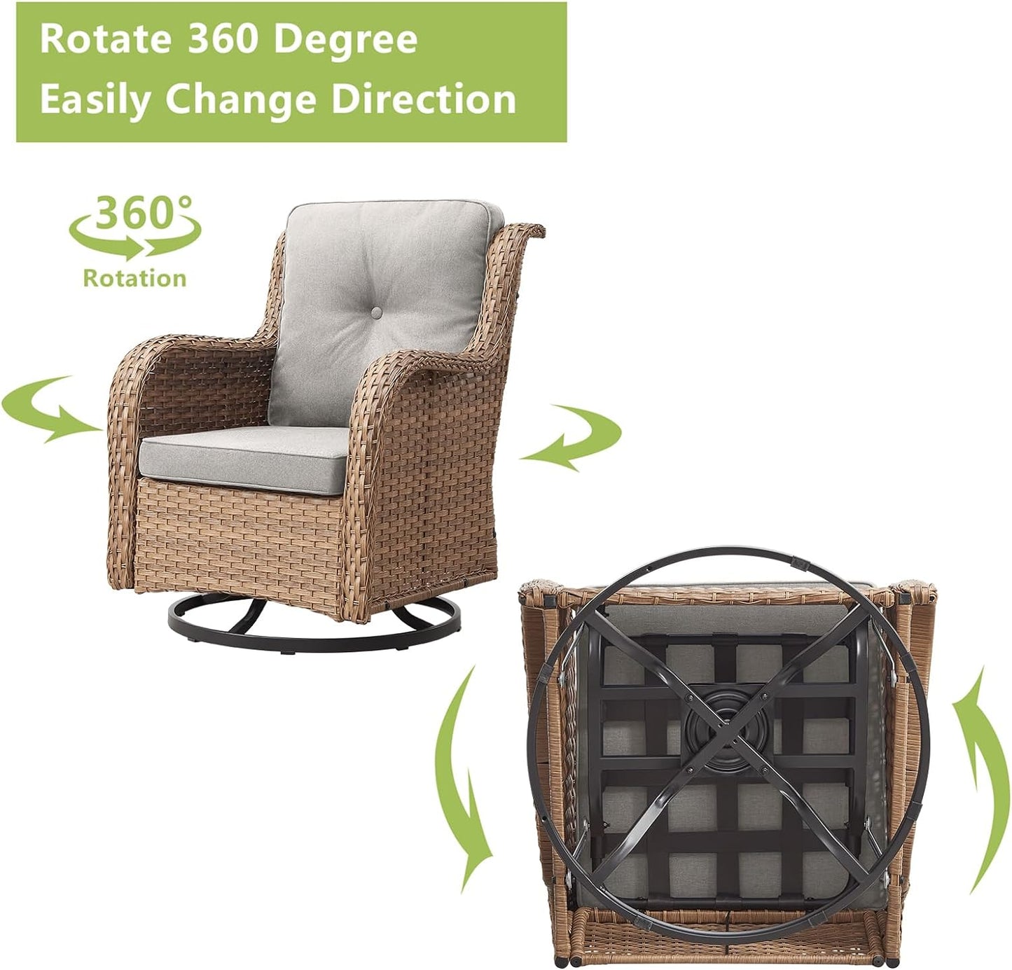Outdoor Patio Swivel Rocker Chairs - 3 Piece Patio Bistro Set,Wicker Patio Furniture Set with 2 Swivel Rocking Chairs and 1 Glass Top Side Table for Deck Porch Garden,Yellow/Beige