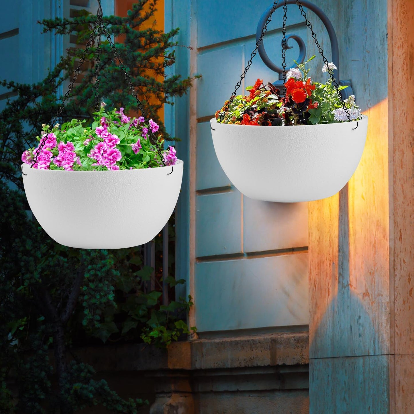 Enenes 2 Pack 13 Inch Large Hanging Planters Outdoor Indoor Round Flower Pots with Drainage Holes and Chain Decorative Hanging Baskets for Garden Porch Balcony Home Decor