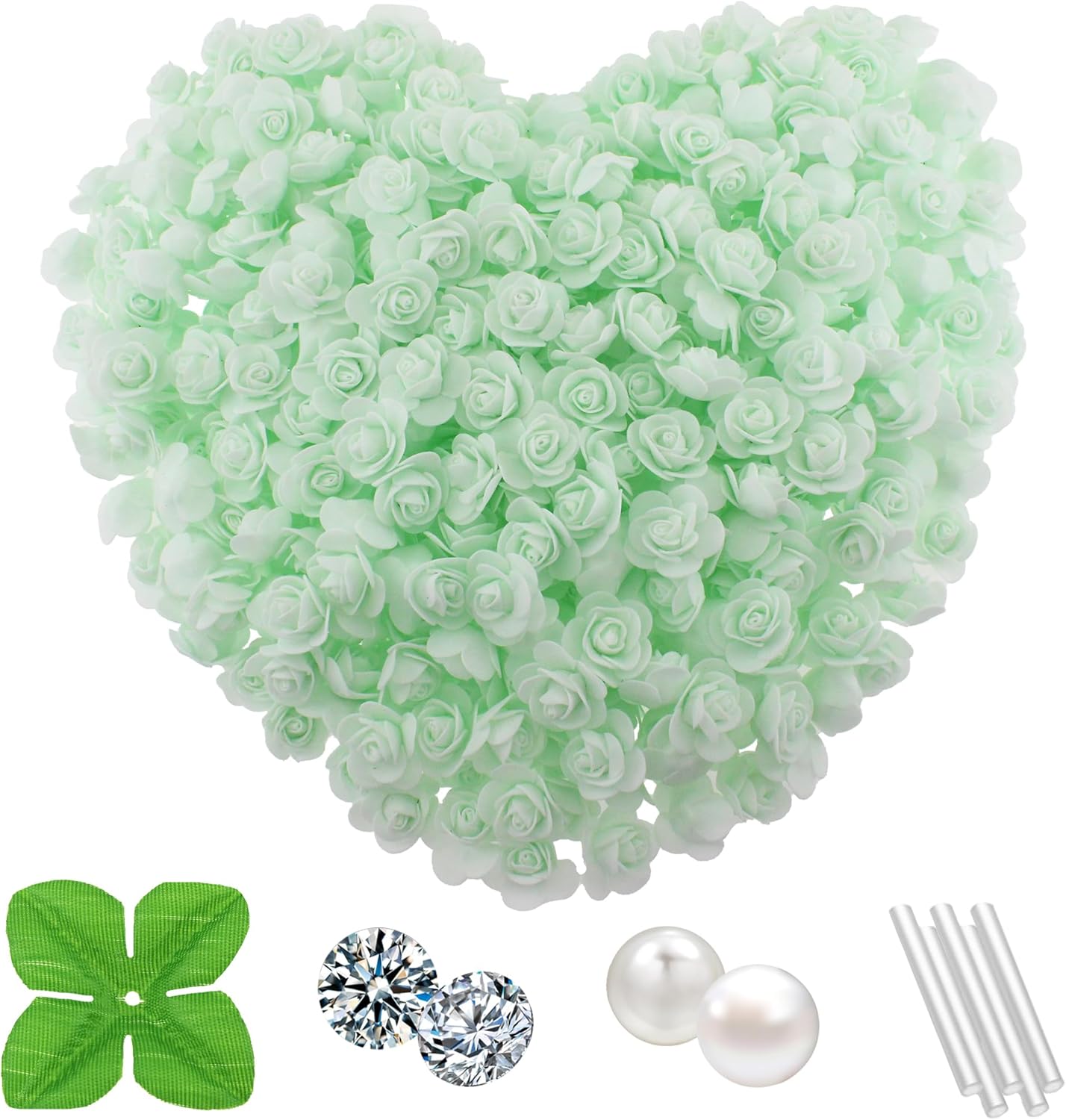 500 Pcs 1.4 Inch Mini Artificial Flowers Head Bulk 5 in 1 Set Faux Foam Fake Small Rose Tiny Baby Flores Bouquet Cake Gift Home Decoration DIY Craft (Aqua Green)