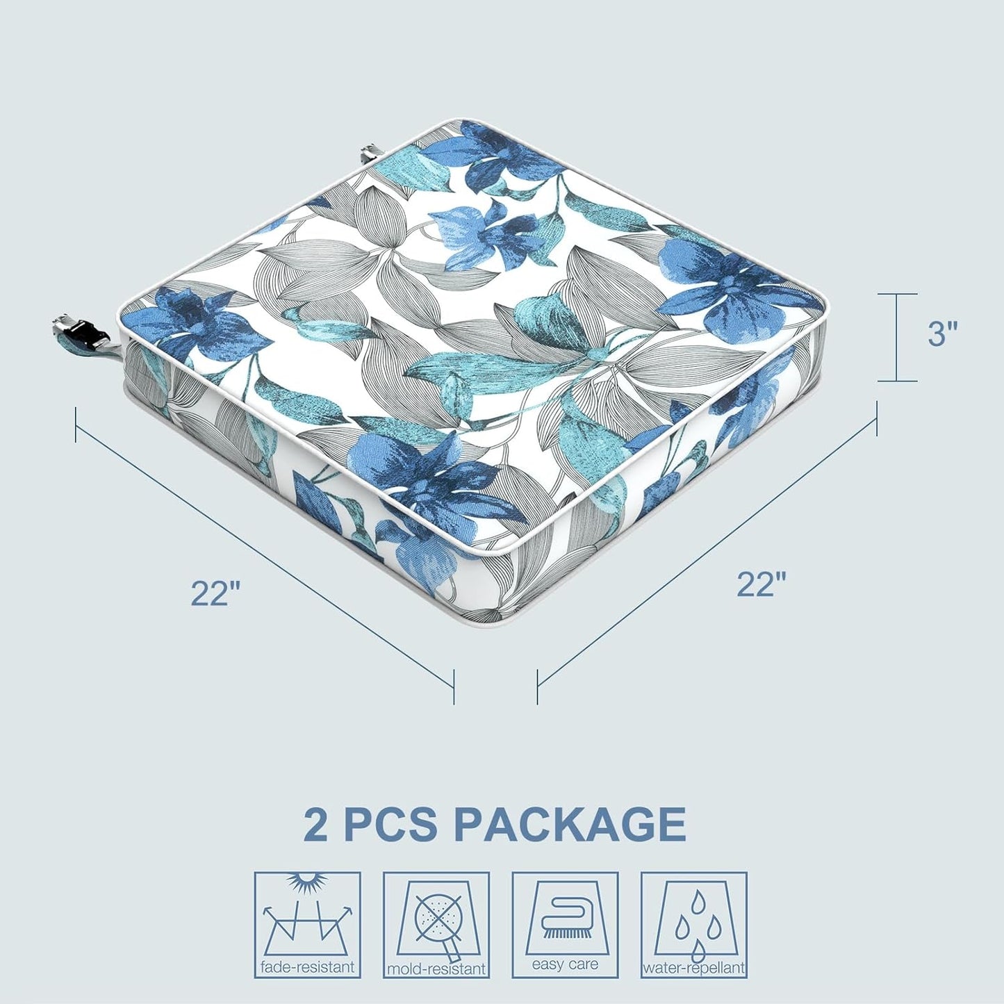 LVTXIII Patio Chair Cushions 22"x22"x3", Water-Repellent Outdoor Seat Cushions for Patio Furniture, Square Chair Pads with Ties for Home Garden Decoration, Set of 2, Clemens Noir Blue