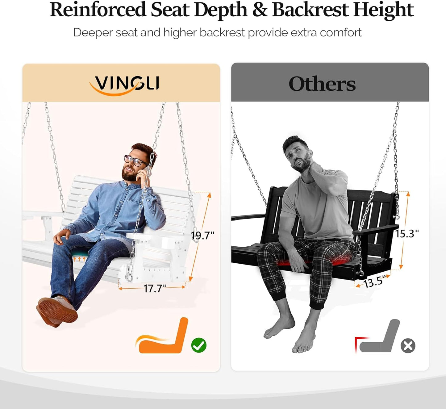 VINGLI XL Size Patio Wooden Porch Swing Outdoor with Cup Holders, Heavy Duty 880 LBS Hanging Swing Chair Bench with Hanging Chains for Yard, Lawn, Garden (4 FT Pro, White)