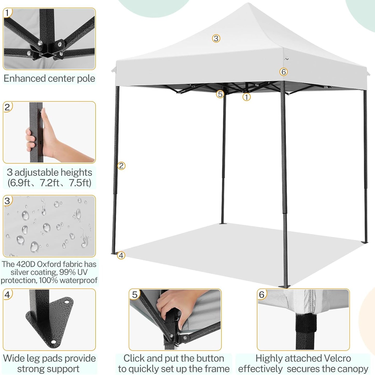 COBIZI 6.6x6.6 Pop up Canopy Tent Heavy Duty Without Sidewalls, Easy Set-up Commercial Outdoor Party Tent, 100% Waterproof Wedding Gazebo, 3 Height Adjustable with Carry Bag, White