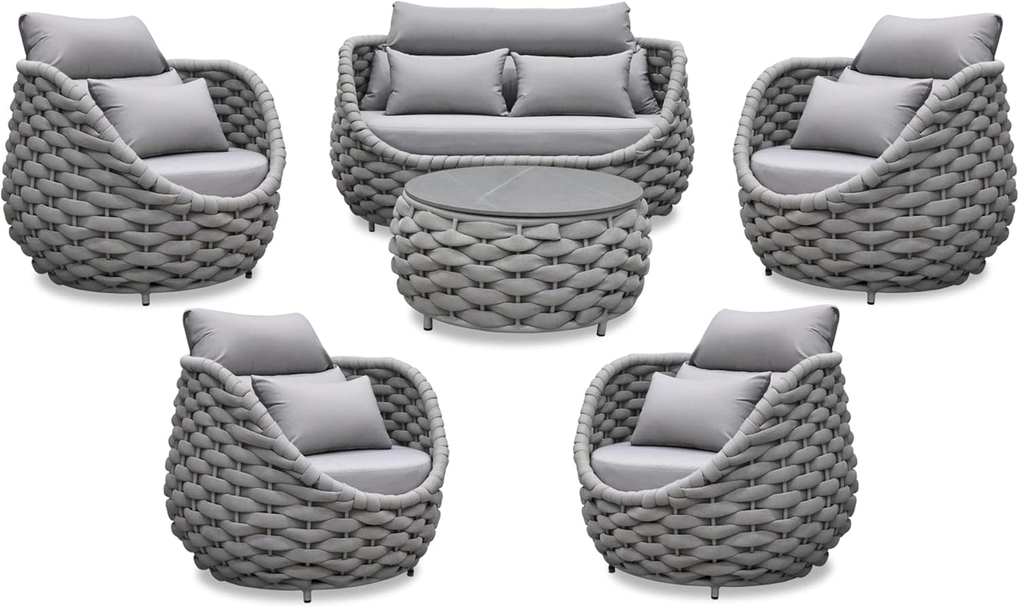 Rope Outdoor Patio Furniture Set: 6 Pieces Aluminum Porch Conversation Sofa Set - Modern Hand Woven Deck Couch Set Cushioned - No Assembly All Weather for 660lbs Yard Garden Lanai Hotel, Gray