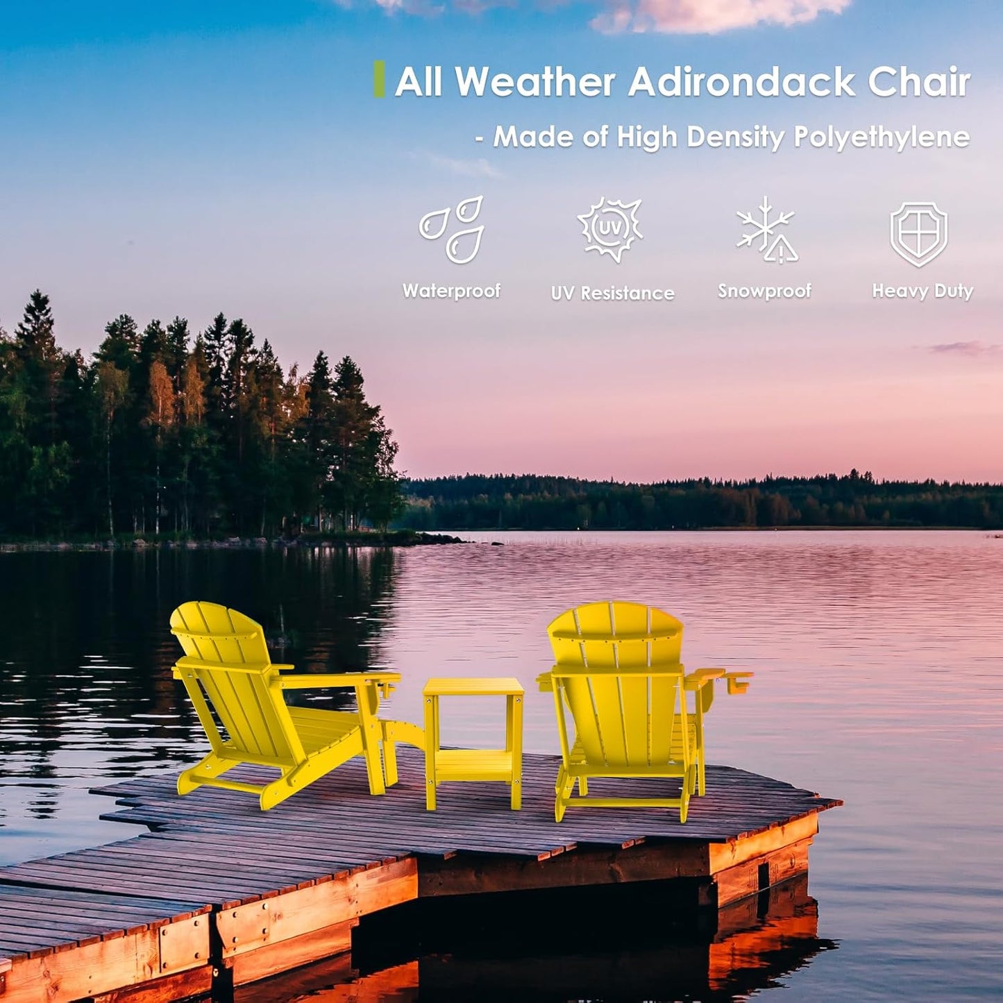 GREENVINES Folding-Adirondack-Chairs-Set-of-2 | HDPE Plastic | Fire Pit Chair | All Weather | Cup Holder | Yellow | for Deck Backyard Patio Outdoor Garden