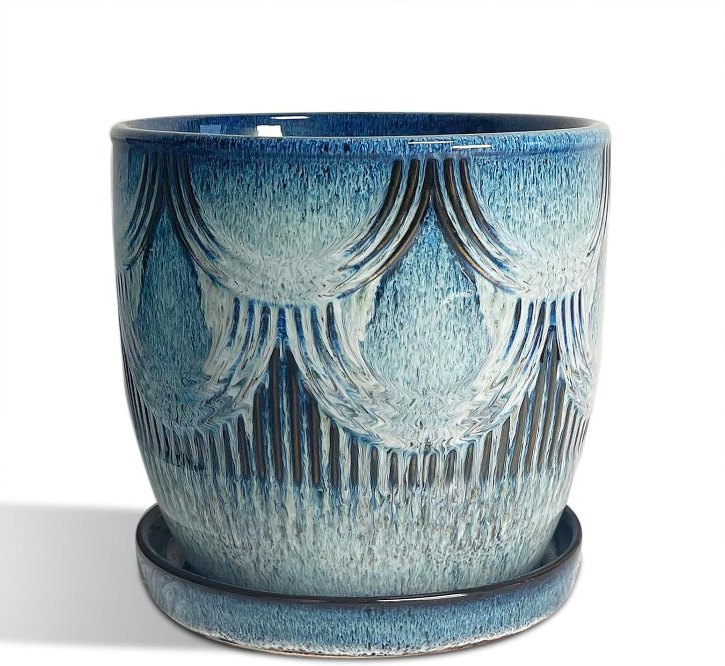 Plant Pots Indoor, Ceramic Planter, 6in Plant Pot, Plant Pots with Drainage Holes and Saucers, Flower Pots for Indoor Plants, Reactive Glaze Blue