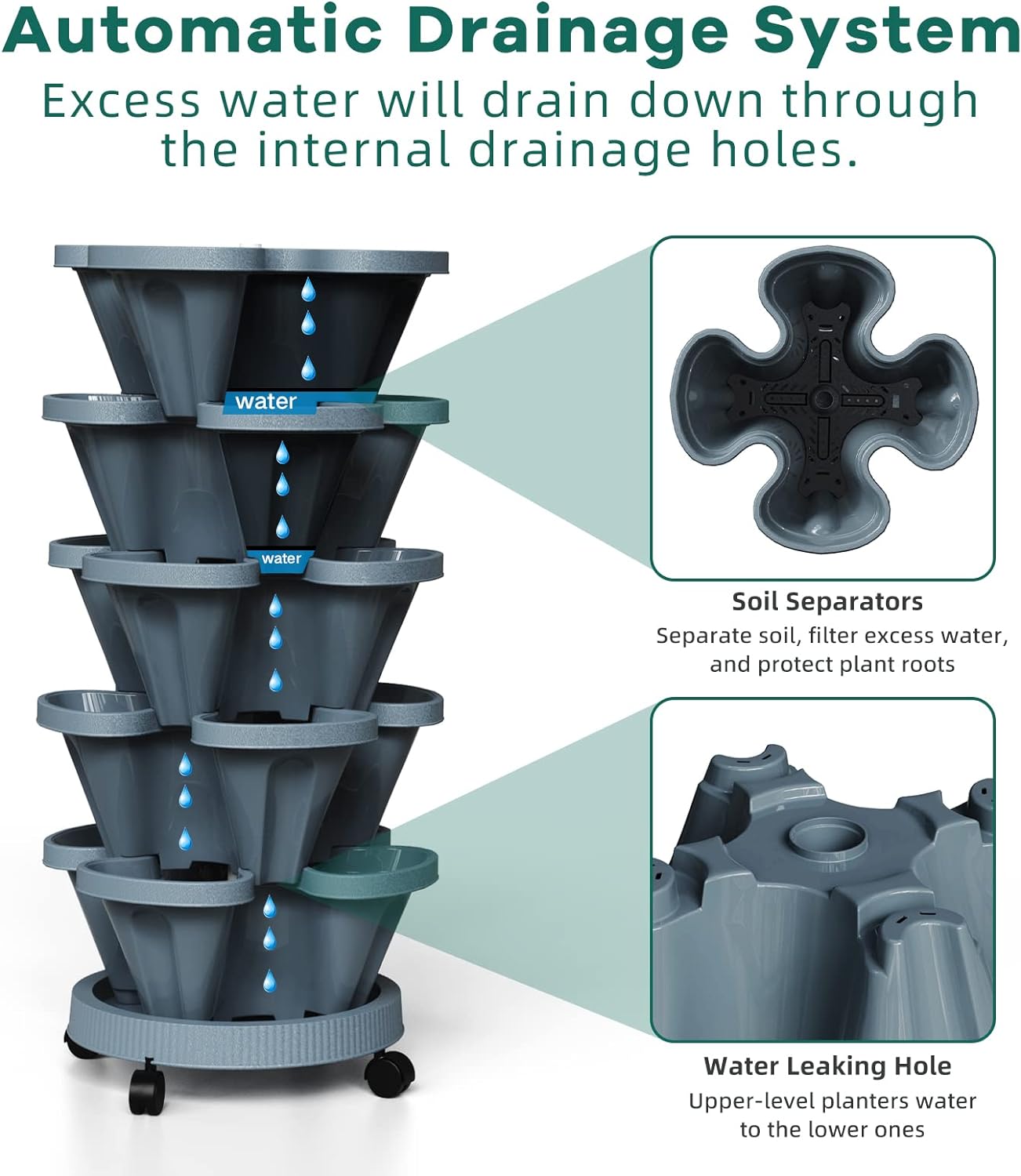 Strawberry Vertical Planters Tower Garden, 6 Tiered Stacking Planter with Support Pole, Stackable Herb Vegetable Planters Indoor and Outdoor - Dark Grey