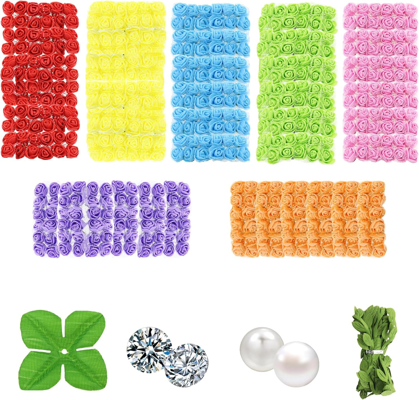 500 Pcs 0.6 Inch Mini Artificial Flowers Head Bulk 5 in 1 Set Faux Foam Fake Small Rose Tiny Baby Flores Bouquet Wreath Gift Hair Clip Home Decoration DIY Craft (7 Colors Mixed)