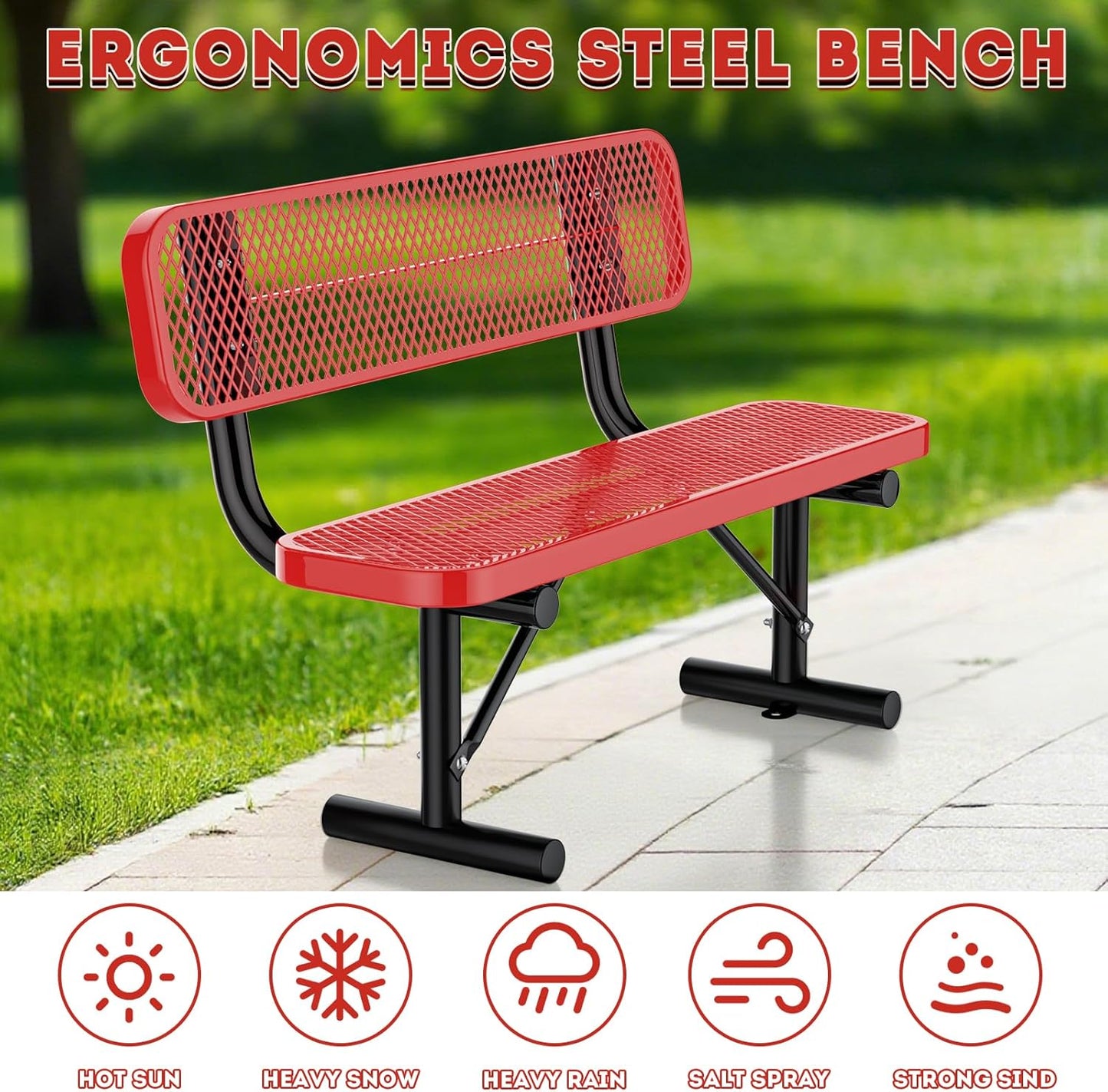 4 Feet Heavy Duty Park Bench with Back Portable Frame, Outdoor Steel Bench with Backrest, Expanded Metal Mesh Bench for Lawn, Park, Deck, Garden, Patio, Porch, Red
