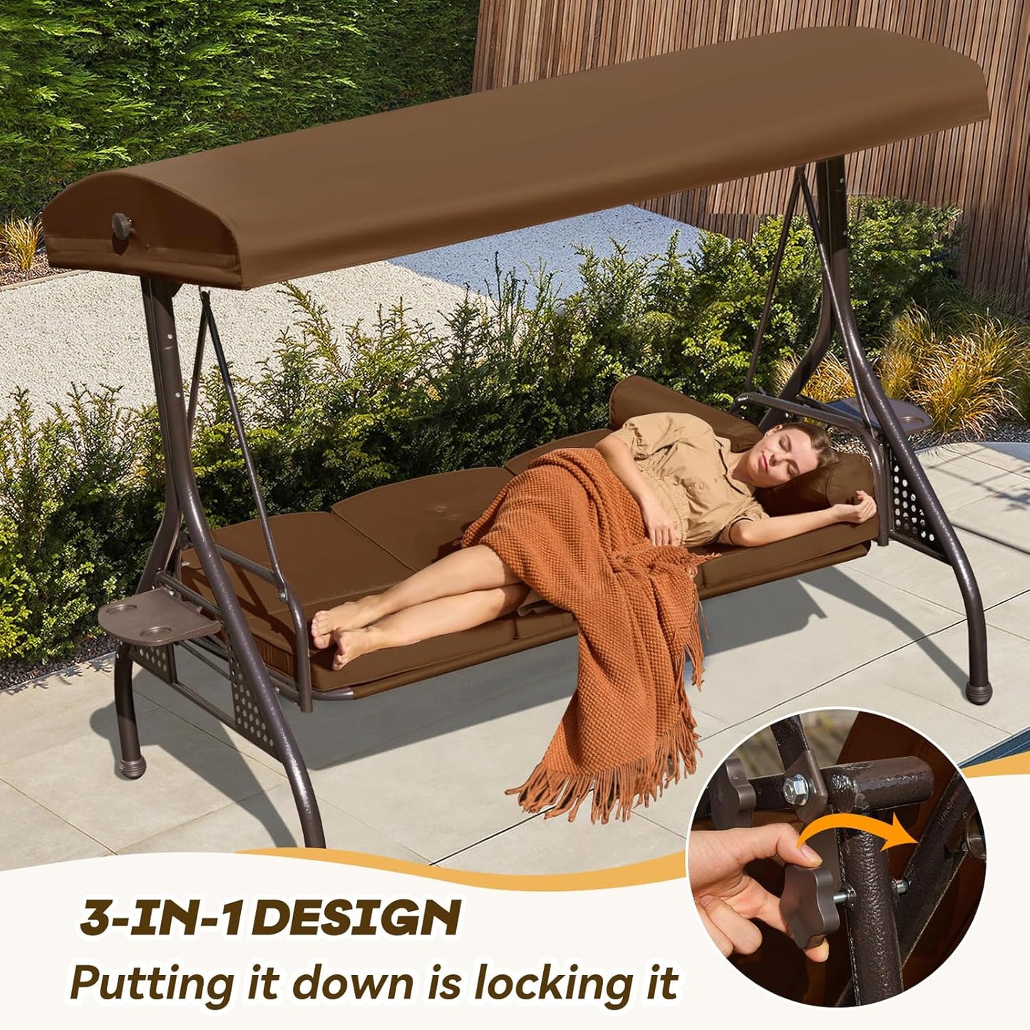 3 in 1 Patio Swing with Adjustable Canopy for Adults, 3 Seat Outdoor Swing with Thickened Cushions,Pillows & Cup Holders for Backyard, Porch, Garden (Brown)
