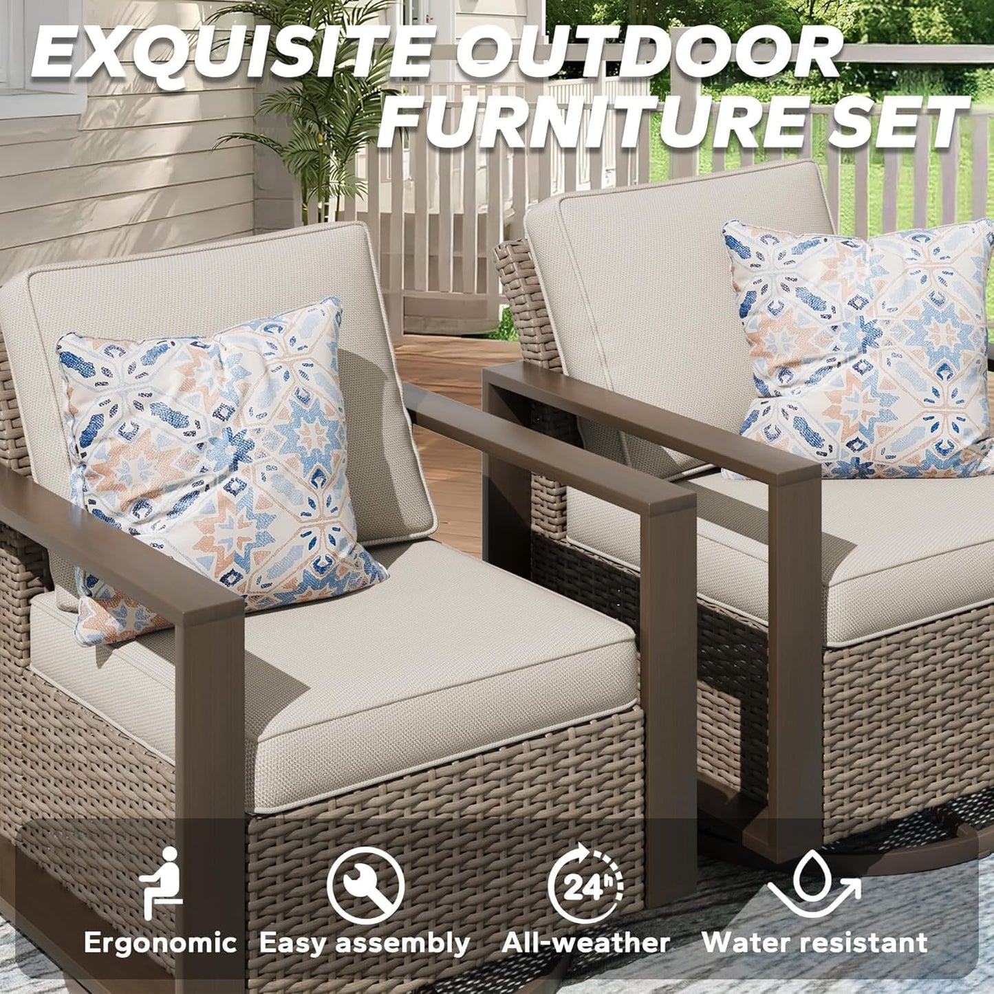 Outdoor Wicker Metal Chairs Set of 2 with Two Ottomans, 360 Degree Glider Rockers Armchairs, 4 Pieces Patio Bistro Set with Wood-Looking Metal Armrest for Poolside, Terrace, Beige