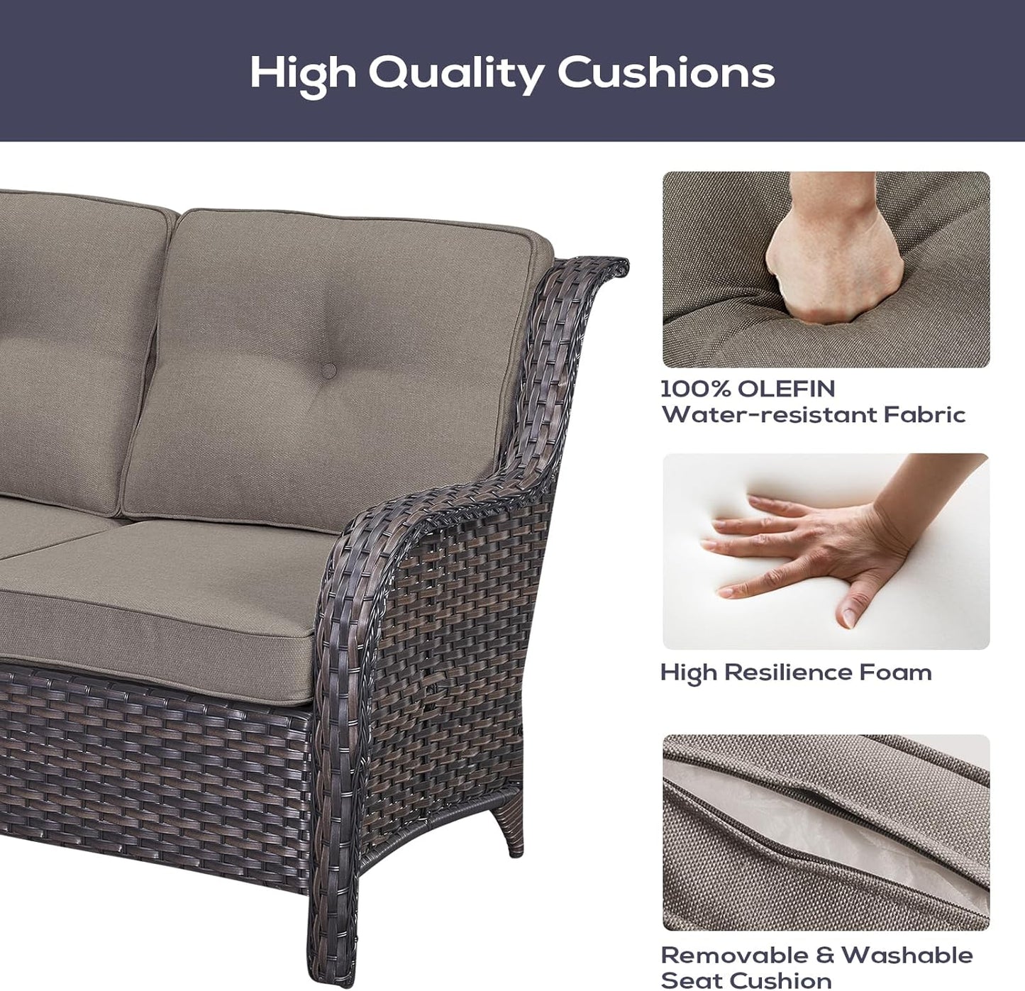 Outdoor Patio Furniture Set with Propane Fire Pit Table, 7 Pieces Wicker Patio Conversation Set with 2 Swivel Glider Rocker Chair Rattan Sofa Grey Cushion Perfect for Casual Gathering