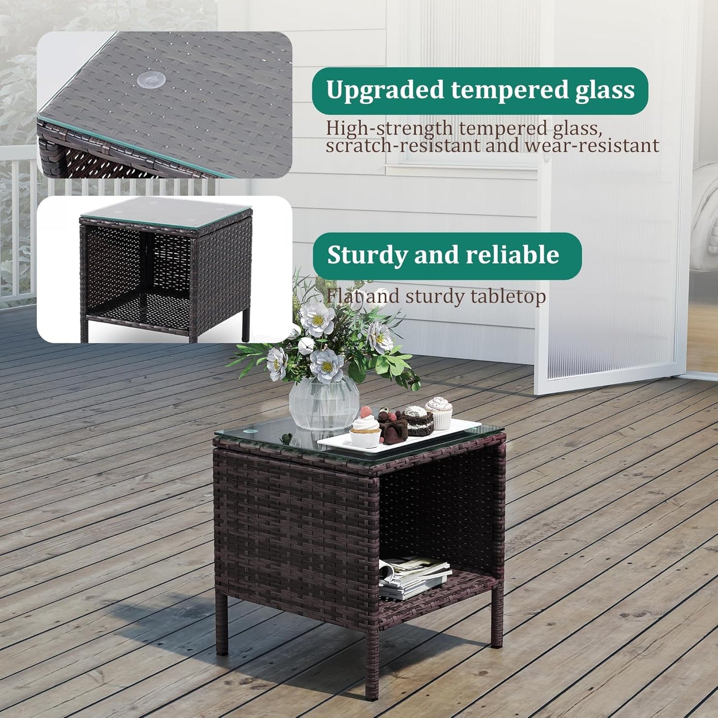 3 Piece Patio Furniture Set - Outdoor Conversation Sets with Coffee Table, Rattan Chair Set for Garden/Poolside, Brown/Beige