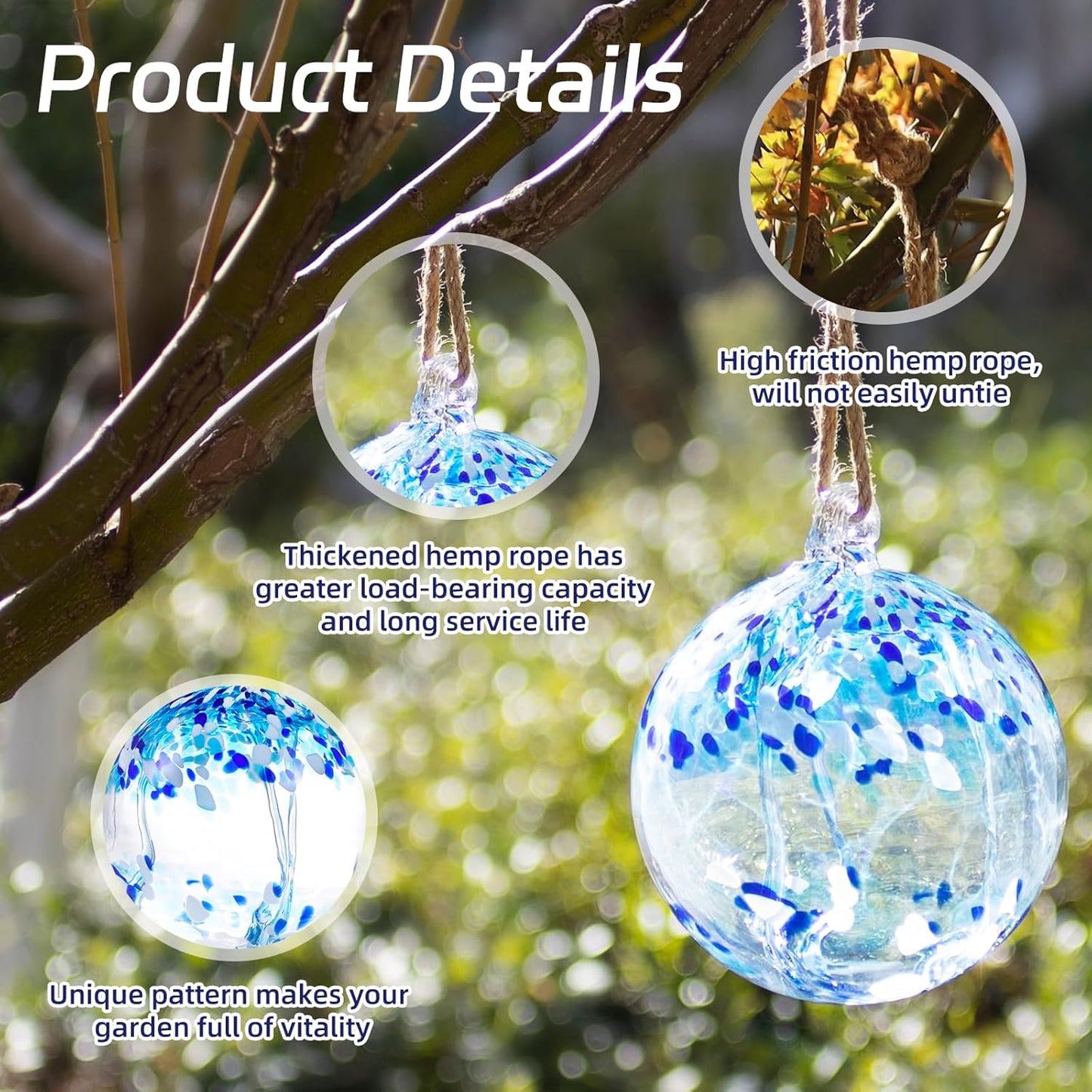 VOREEN 6" Hanging Glass Garden Gazing Ball Hand Blown Glass Witch Ball Christmas Ornament Friendship Balls for Outdoor Garden Patio Window Home Décor, Gift for Mom Wife Friend, Blue