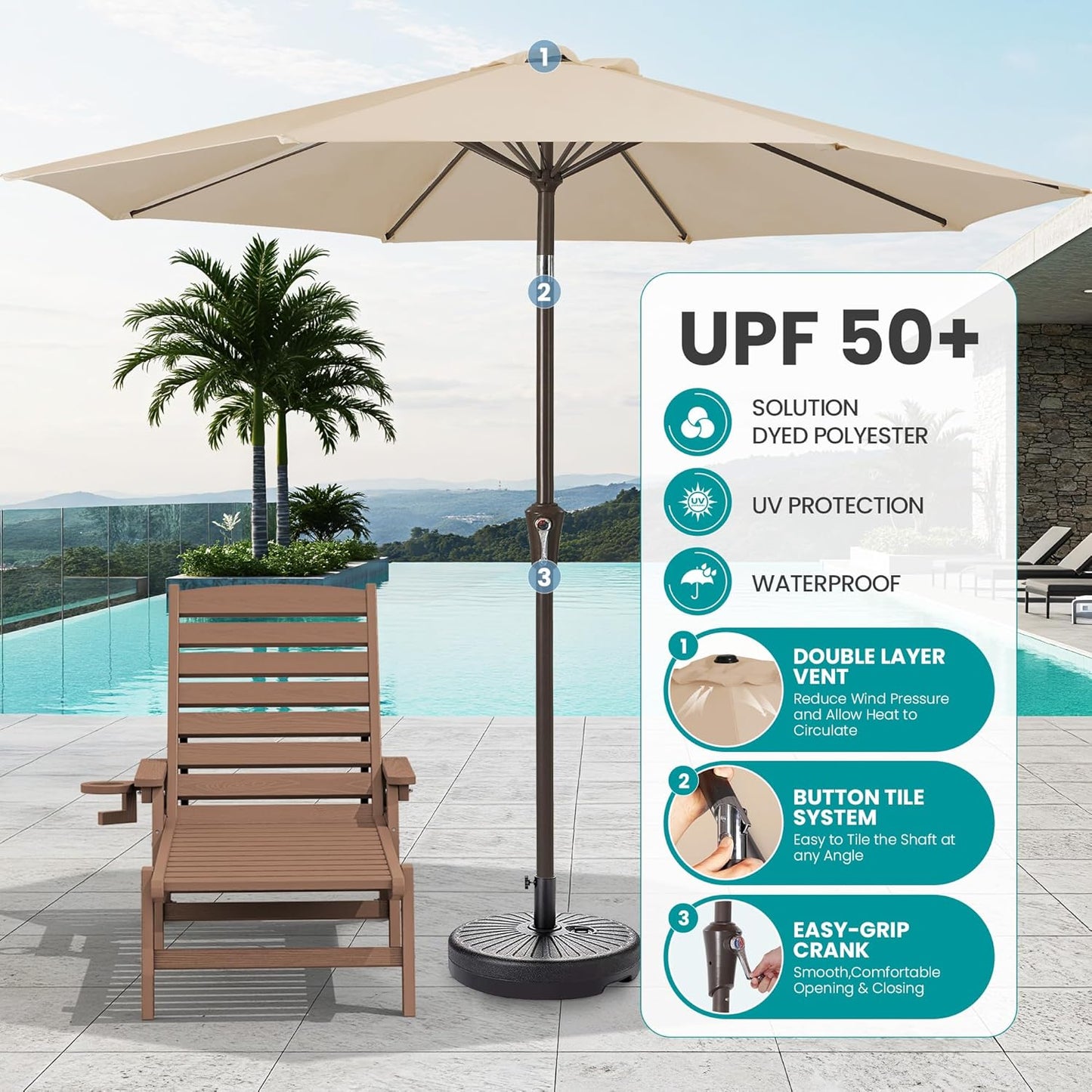 SERWALL Patio Chaise Lounge Chair Set of 2 with 9FT Patio Umbrella, 78'' HDPE Outdoor Lounger, Poly Lounge Chair with Rolling Wheels & Cup Holder for Pool,Wooden Brown (Umbreall Base not Included)