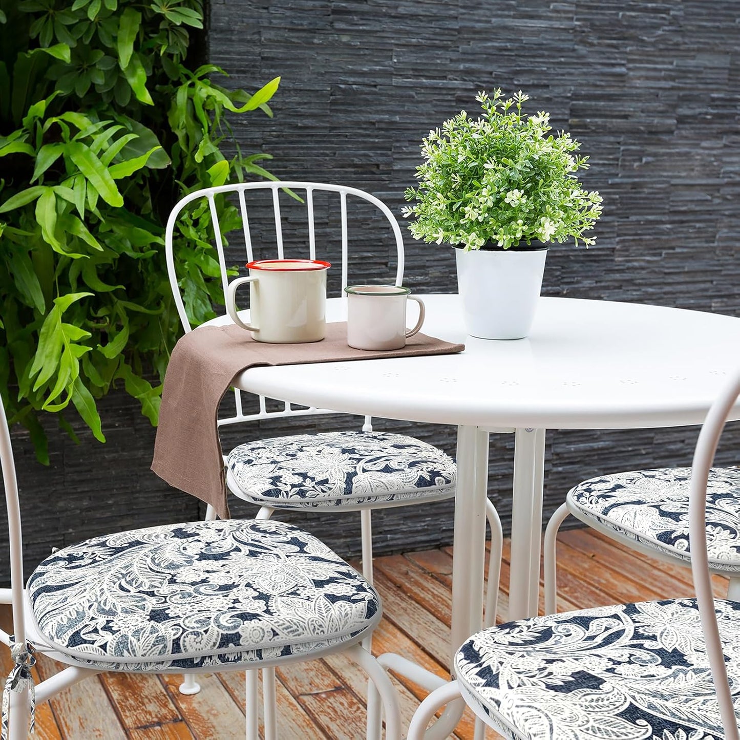 Indoor/Outdoor Chair Cushions 16x17 Inch, Patio Chair Cushions with Ties, All Weather Seat Cushions for Patio Furniture Home Garden Chair Use, Set of 2,Damask Lapis